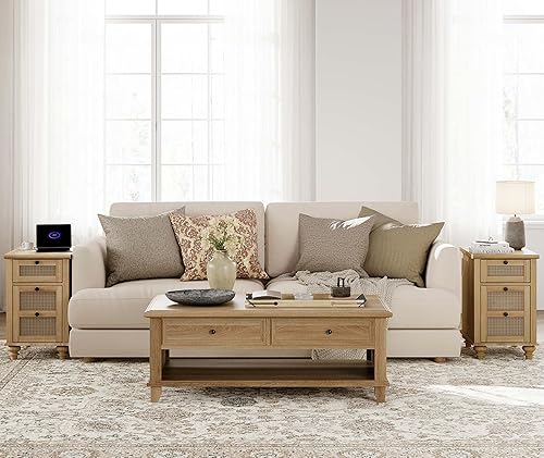 Miniatura 2 de WAMPAT Juego de 2 mesas auxiliares de ratán con estación de carga, mesas auxiliares altas con cajón y armario de almacenamiento, mesita de noche de