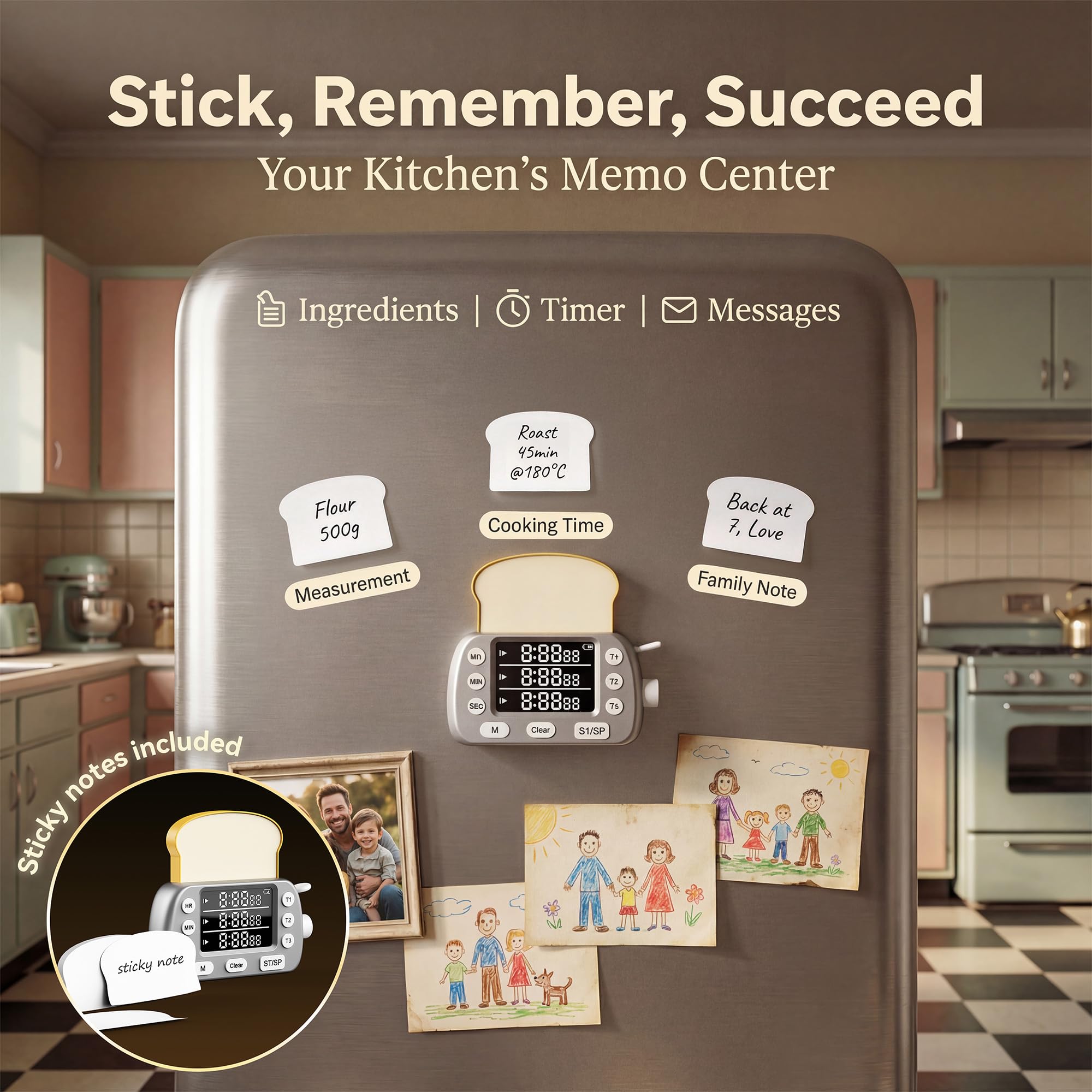 Temporizador digital de cocina para cocinar, temporizadores magnéticos de cuenta regresiva de 3 canales con memoria preestablecida para hornear, tostadora, huevos, incluye notas (plateado)