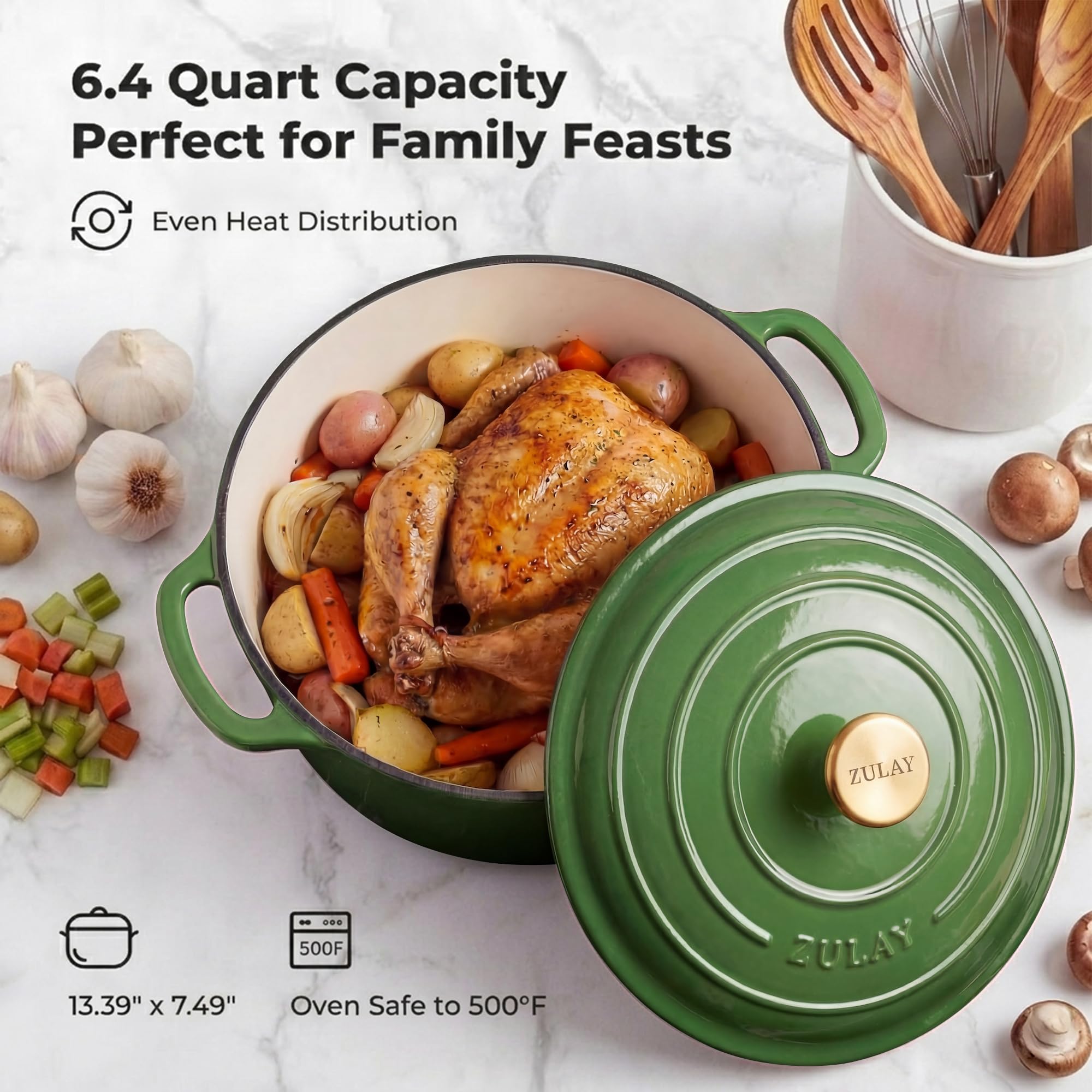 Zulay Kitchen Horno holandés de hierro fundido esmaltado de 6 cuartos con tapa, durabilidad premium y apto para horno hasta 260.0 °C, utensilios de cocina resistentes perfectos para hornear pan