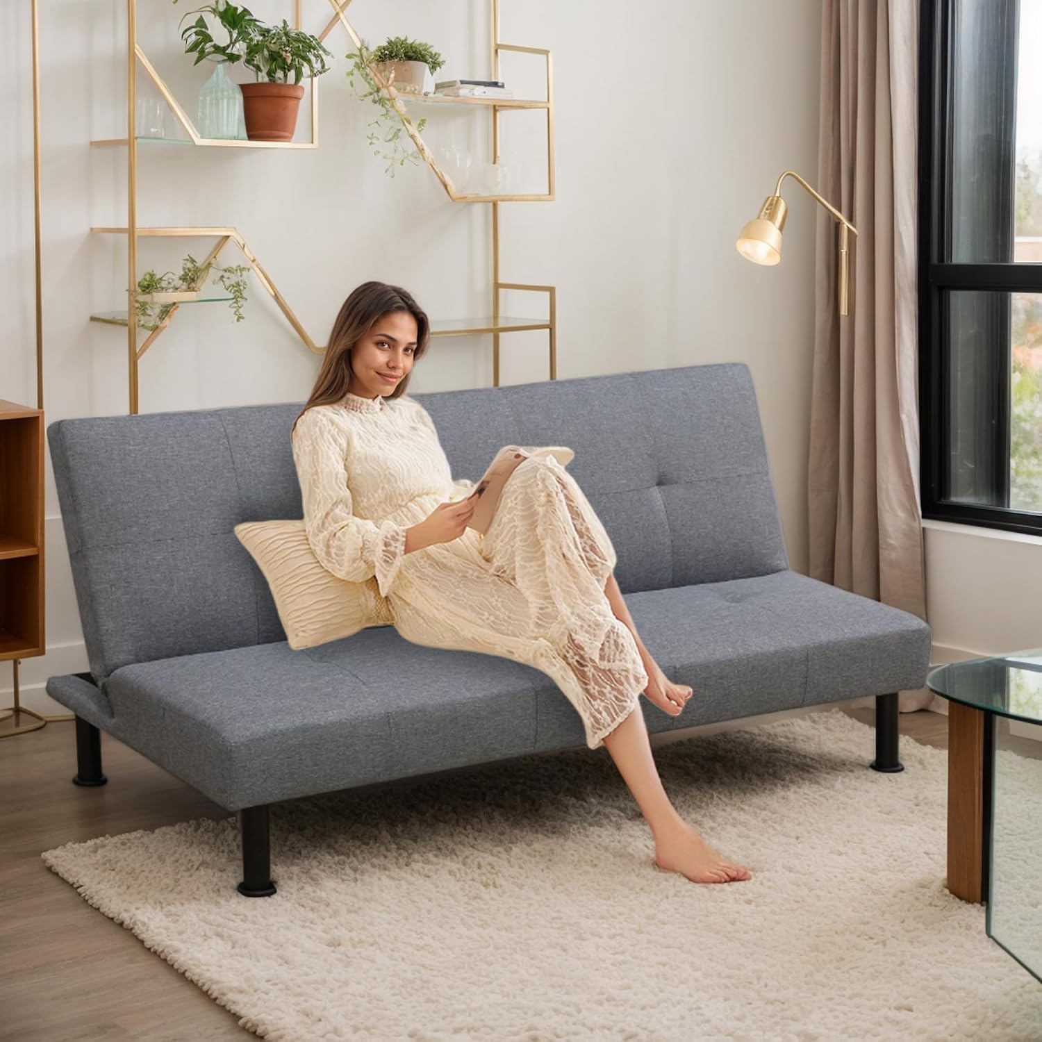 Modern 3-in-1 Sofa Bed, Versatile and Adjustable, Solid Legs，Suitable for Living Rooms and Bedrooms (Grey)
