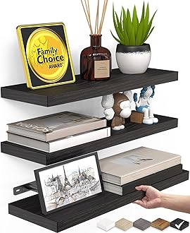 BAYKA Floating Shelves for Wall, Wall Mounted Rustic Wood Shelves for Bathroom, Bedroom, Living Room, Kitchen, Hanging Shelf for Books/Storage/Room Decor with 22lbs Capacity (Black, Set of 3, 15.7in)