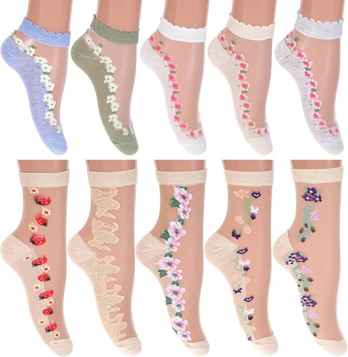 Xthrotsenk 10Pairs Lace Flower Socks See Through Socks Women Floral Sheer Mesh Sock Summer Sheer Ankle Sock with Designs for Women and Girls