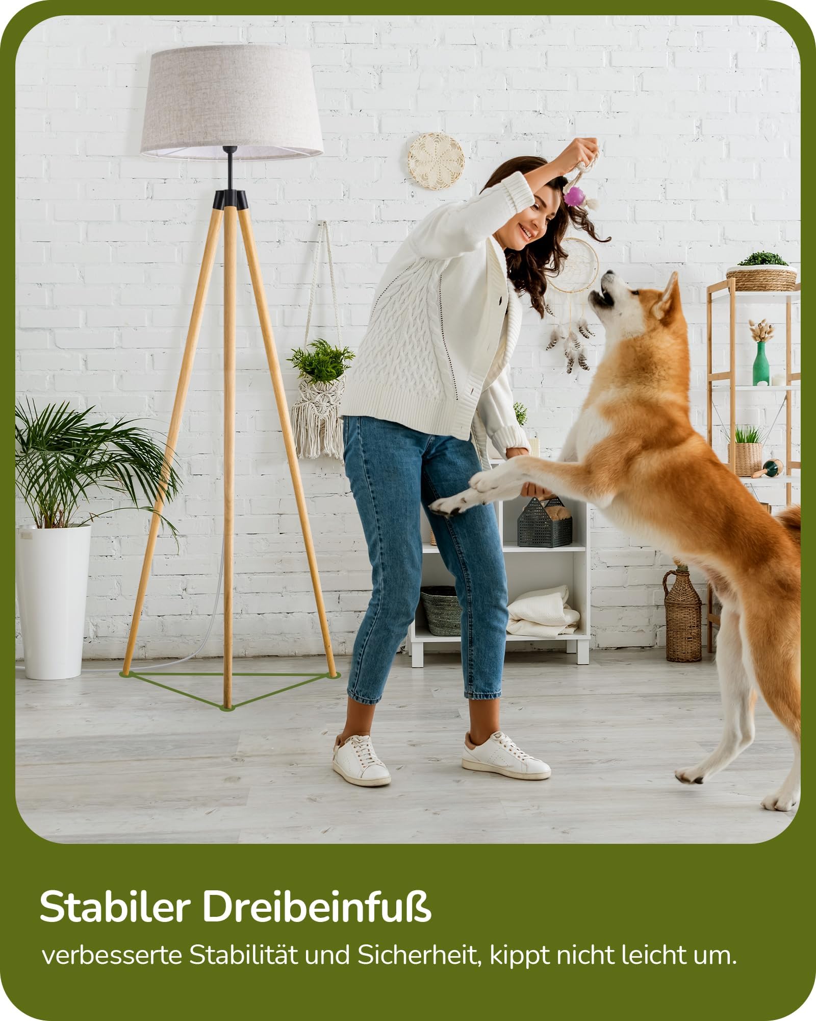 EDISHINE Stehlampe Wohnzimmer Dimmbar, Stehleuchte Boho mit Stativ aus Holz, inkl. E27 LED Glühbirne & Fernbedienung, Vintage Lampenschirm-Leinen, Leselampe für Esszimmer & Kinderzimmer