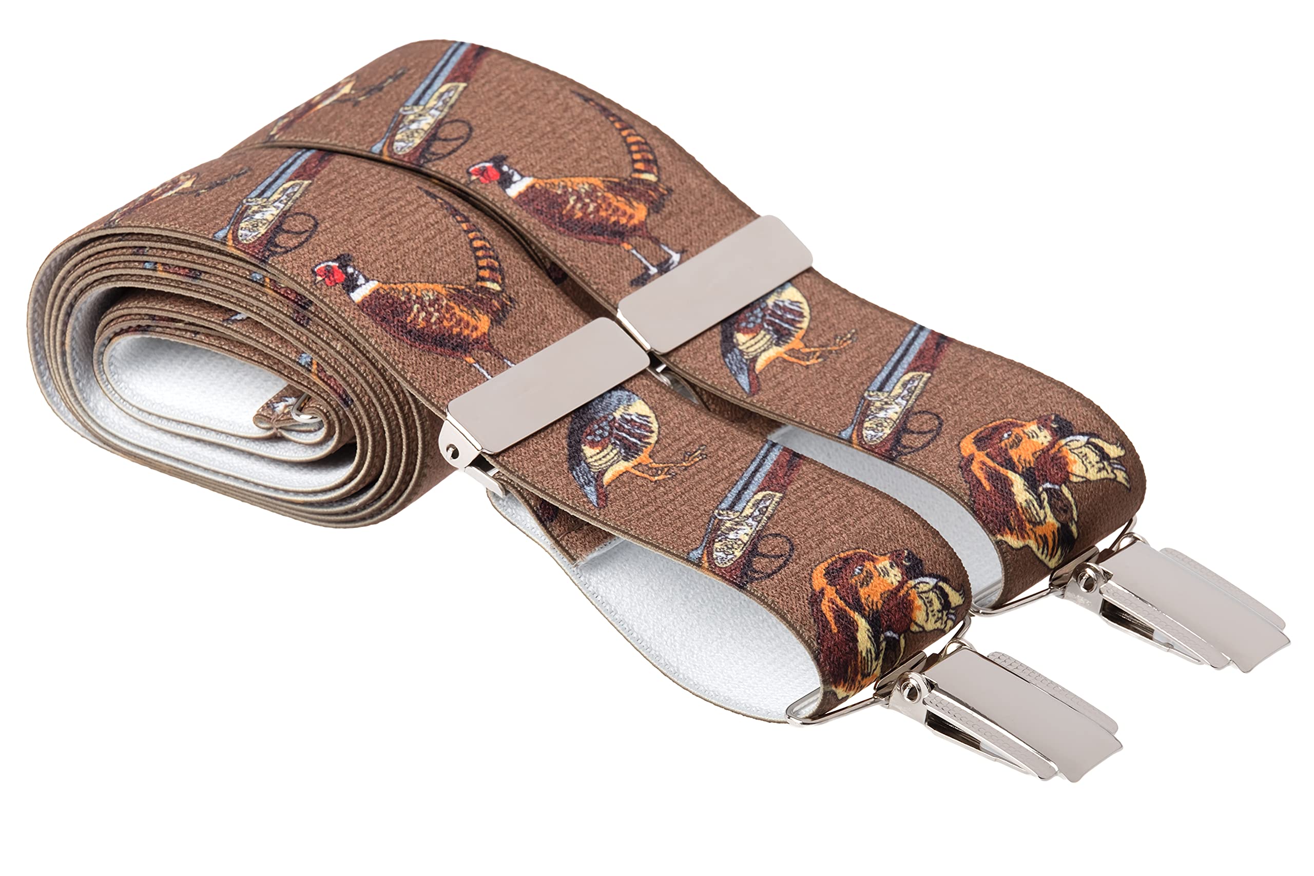 Gs Braces Men's Brown Hunting Theme Silver Clips Brown Country Hunting Trouser Braces Silver Clip On X For Trousers 44 Inches Long