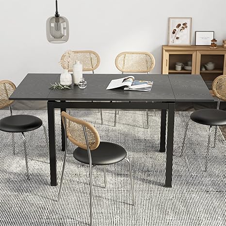 IKIFLY Modern Extension Dining Table, Metal and Wood Extendable Kitchen Table, 39.3" 62.9" W, Easy Assembly - Black