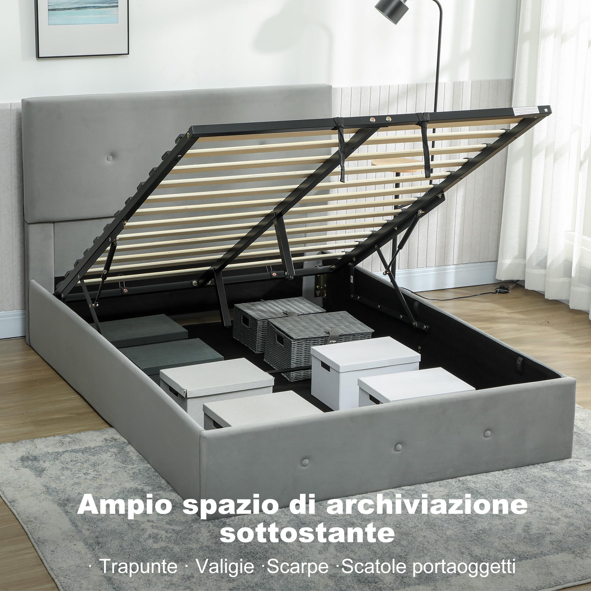 HOMCOM Struttura Letto Matrimoniale 140x190 cm con Contenitore Grigio