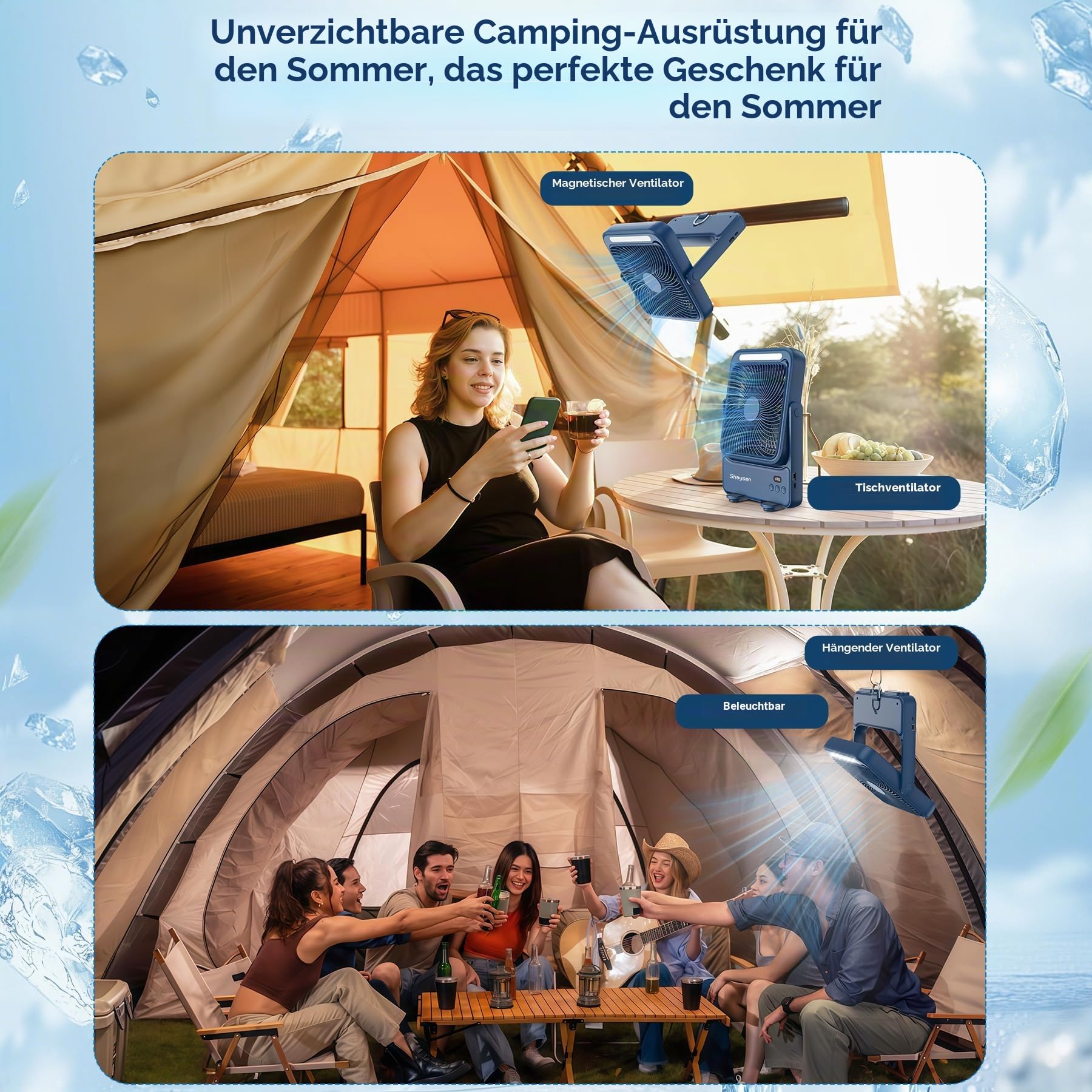 Ventilator 20000mAh Akku Tischventilator USB Camping Ventilatoren mit Lampe, 4 Getriebe,12-43 Std.Laufzeit,Smart Display,Lüfter Geräuscharm,Einfach zu Tragen,für Büro,Zuhause und im Freien (Blau)