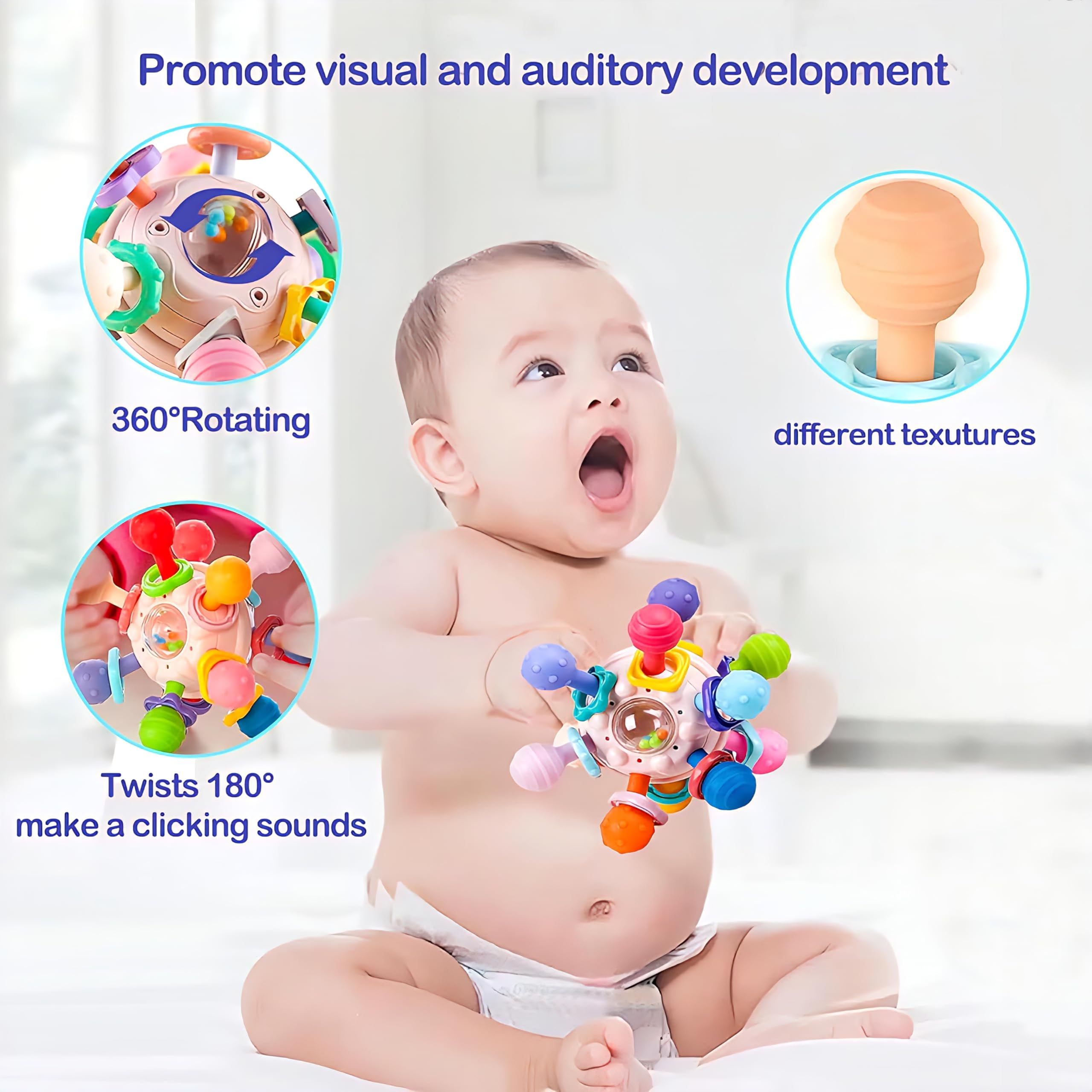 Brand Conquer Silicone Baby Ball Toy, BPA-Free Sensory Teething Toy for 3+ Months, Soft Chewable Textured Teether with Rattle, Colorful Grasping & Development for Infants (Montessori Teether Pink) - Image 8 thumbnail
