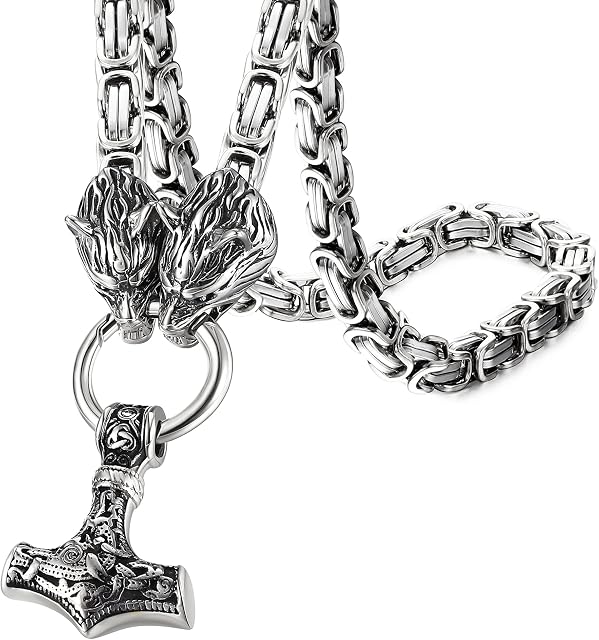 ADRAMATA Thors Hammer Necklace for Men Stainless Steel Norse Necklace Fenris Wolf Byzantine Chain Necklace Viking Pendant Necklace Mjolnir Thor Hammer Pendant Necklace Mens Viking Necklace Jewellery