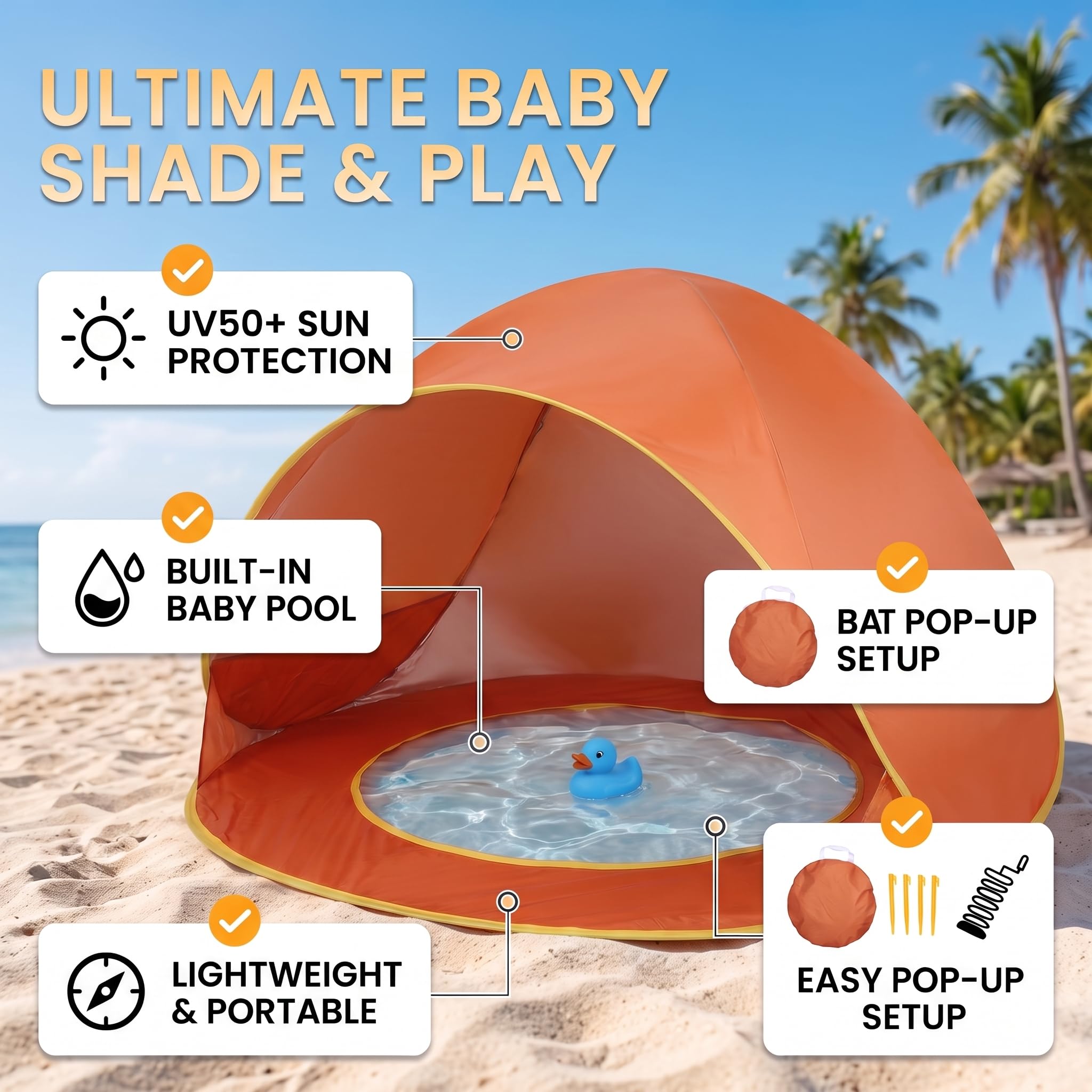 Tente de plage, protection solaire pop-up avec protection UV UPF 50+ et piscine pour bébé intégrée, portable, légère, montage facile pour les tout-petits, les voyages en plein air, le camping