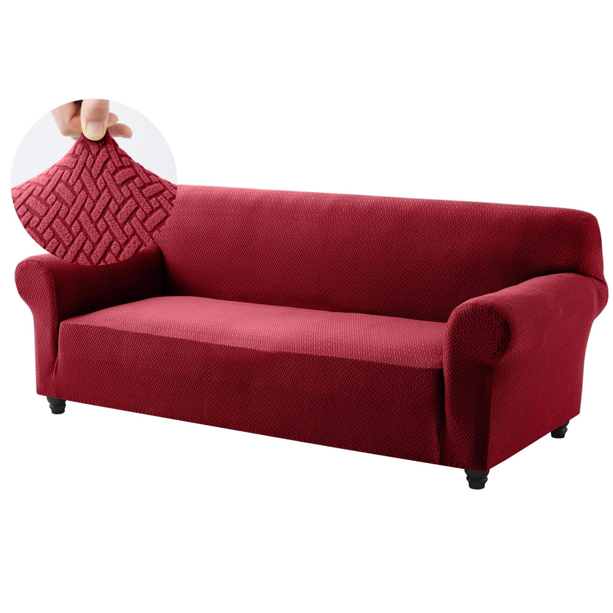 Hafaa 2 Pack High Stretch Sofa Cover 3 Seater Jacquard Spandex Non Slip Sofa Slipcovers Elastic Fit Couch Covers for Living Room Soft Washable Furniture Protector (Wine Red/Burgundy)