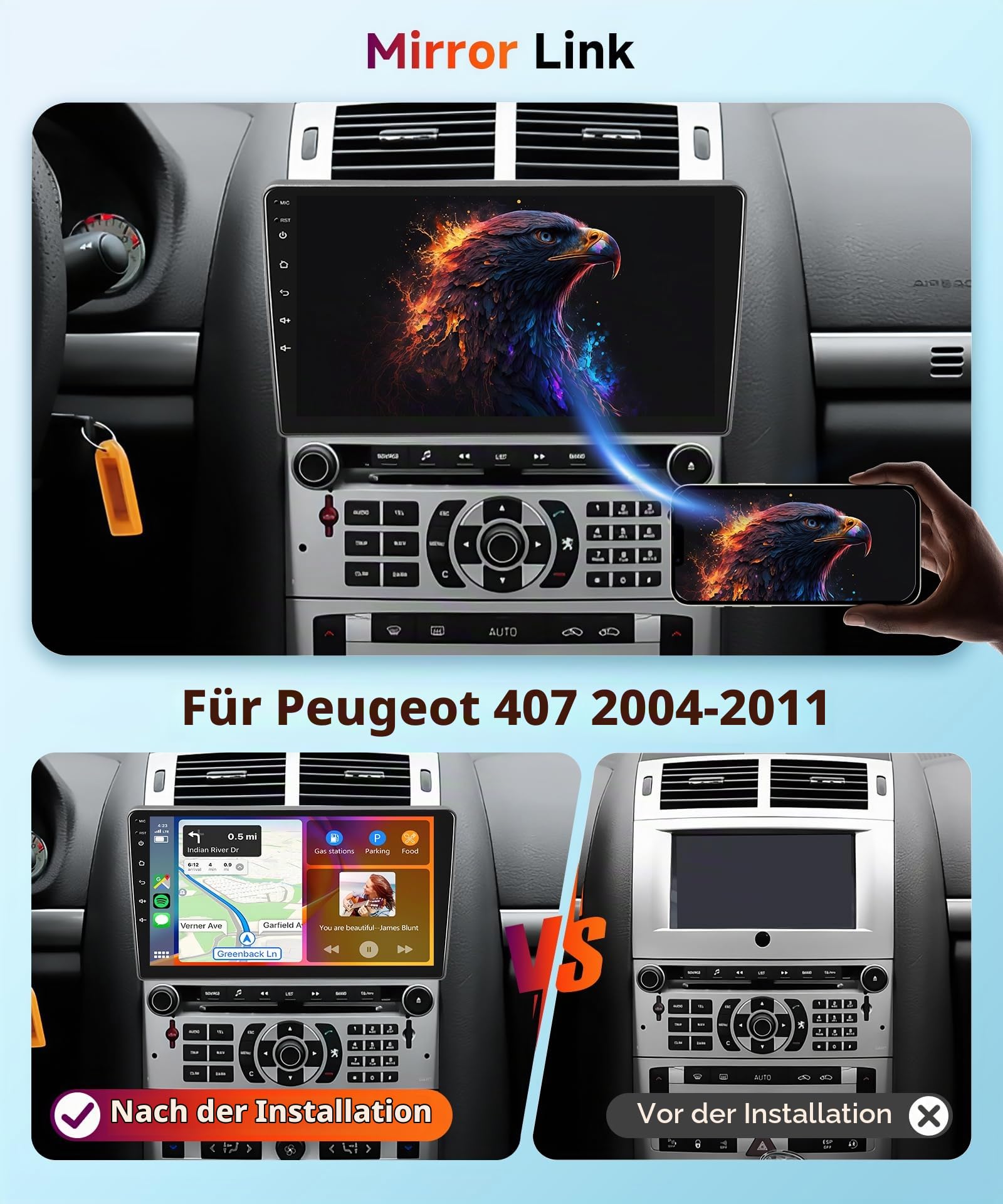 【2+64G】 Hodozzy Carplay Autoradio für Peugeot 407 2004-2011, 9 Zoll Touchscreen Android Autoradio mit Android Auto/WiFi/GPS/RDS/Bluetooth/USB+Rückfahrkamera