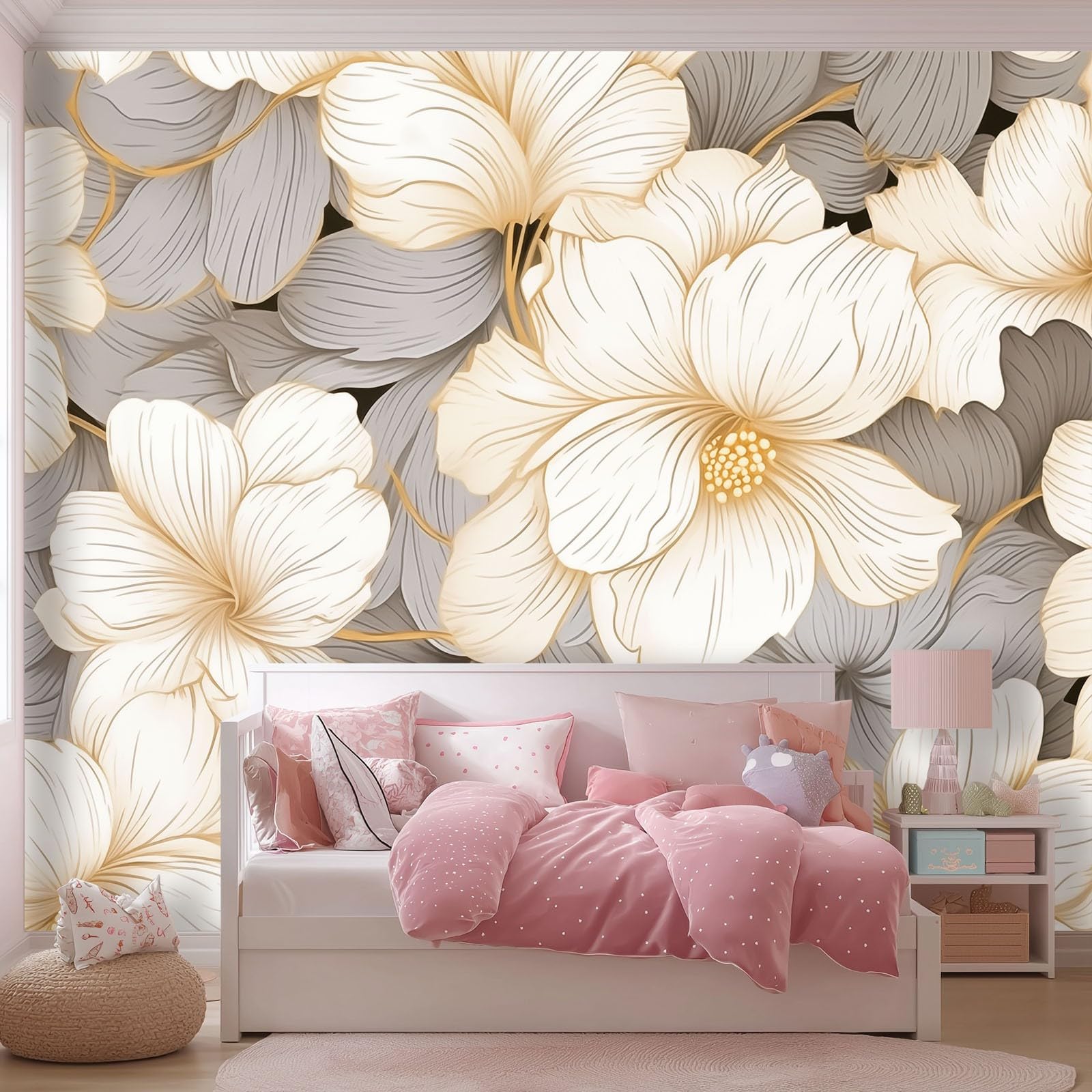 Genérico Papel Pintado Gris, Papel Pintado Tejido no Tejido Estética Líneas Patrones Florales para Salón y Dormitorio - Decoración de Pared 250 x 175 cm（WxH
