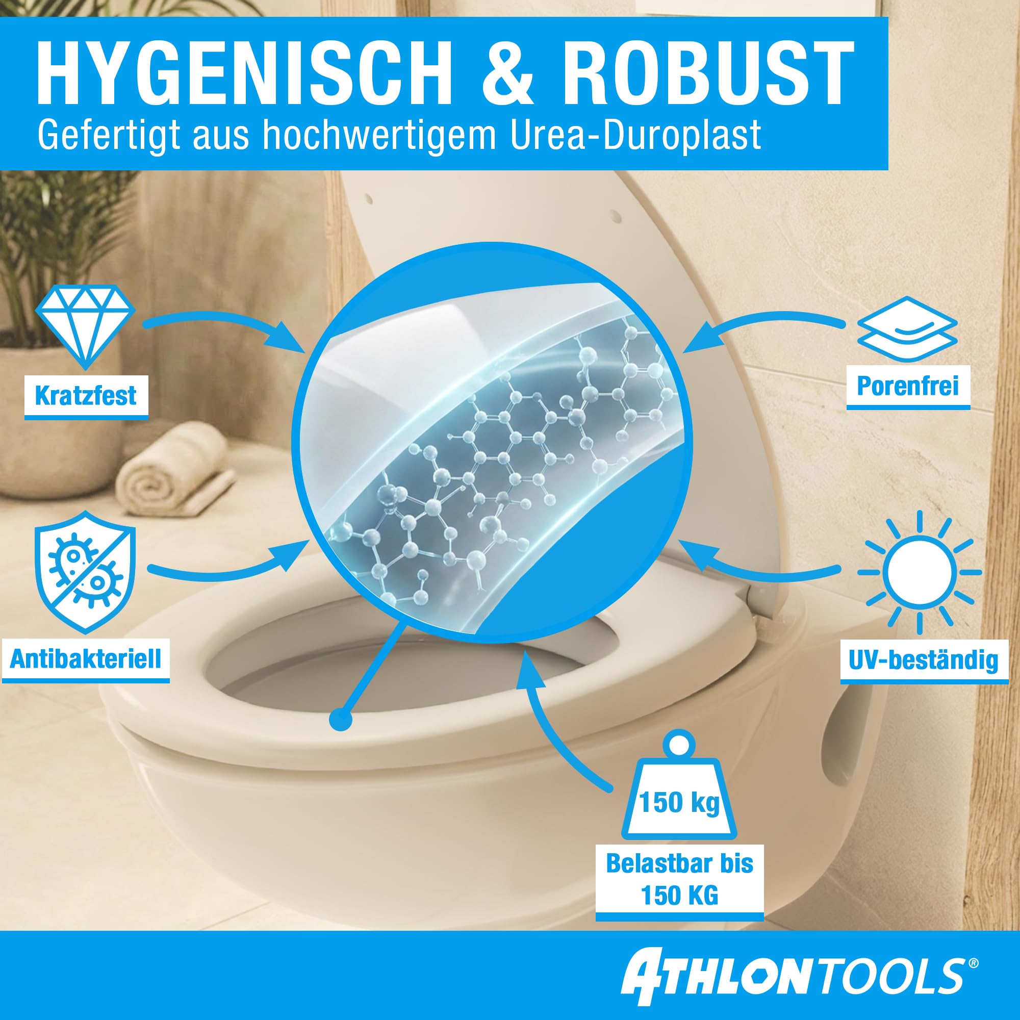 ATHLON TOOLS Toilettendeckel mit Absenkautomatik O-Form – Duroplast WC Sitz, Soft-Close & Quick-Release – Antibakterielle, kratzfeste & UV-beständige Klobrille inkl. Installationsschablone