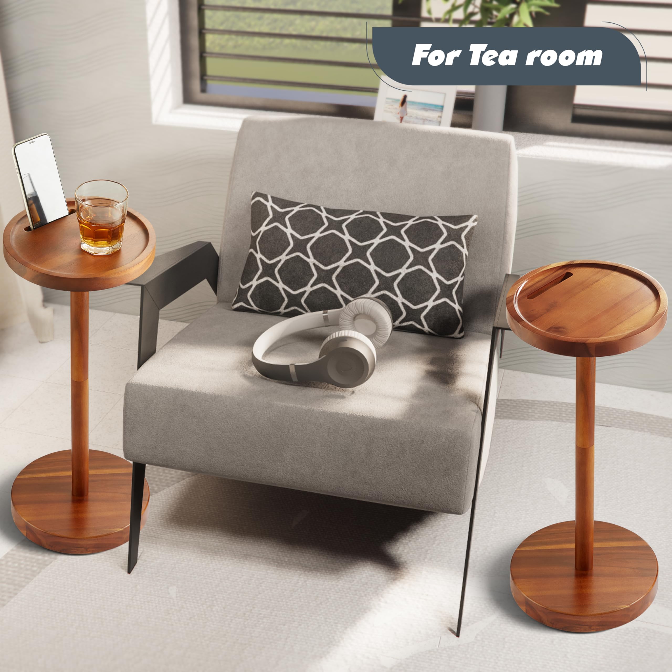 Mesa de bebidas, mesa auxiliar compacta de 24.4 pulgadas de alto con ranura para teléfono y base pesada (2, Acacia) 4