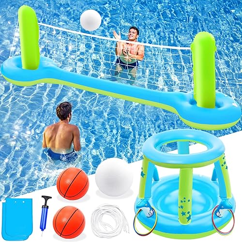Jasonwell Juego de juguetes de piscina 3 en 1 red de voleibol de baloncesto, juego de lanzamiento, flotadores inflables, flotadores de agua,