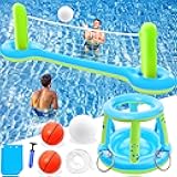 Jasonwell Pool Toys Games Set - 3 in 1 Pool Volleyball Net Basketball Hoop Ring Toss Game Inflatable Floats Water Floating Volleyball Swimming Pools Party Game Gift Kids Teens Adults (Blue&Yellow, L)