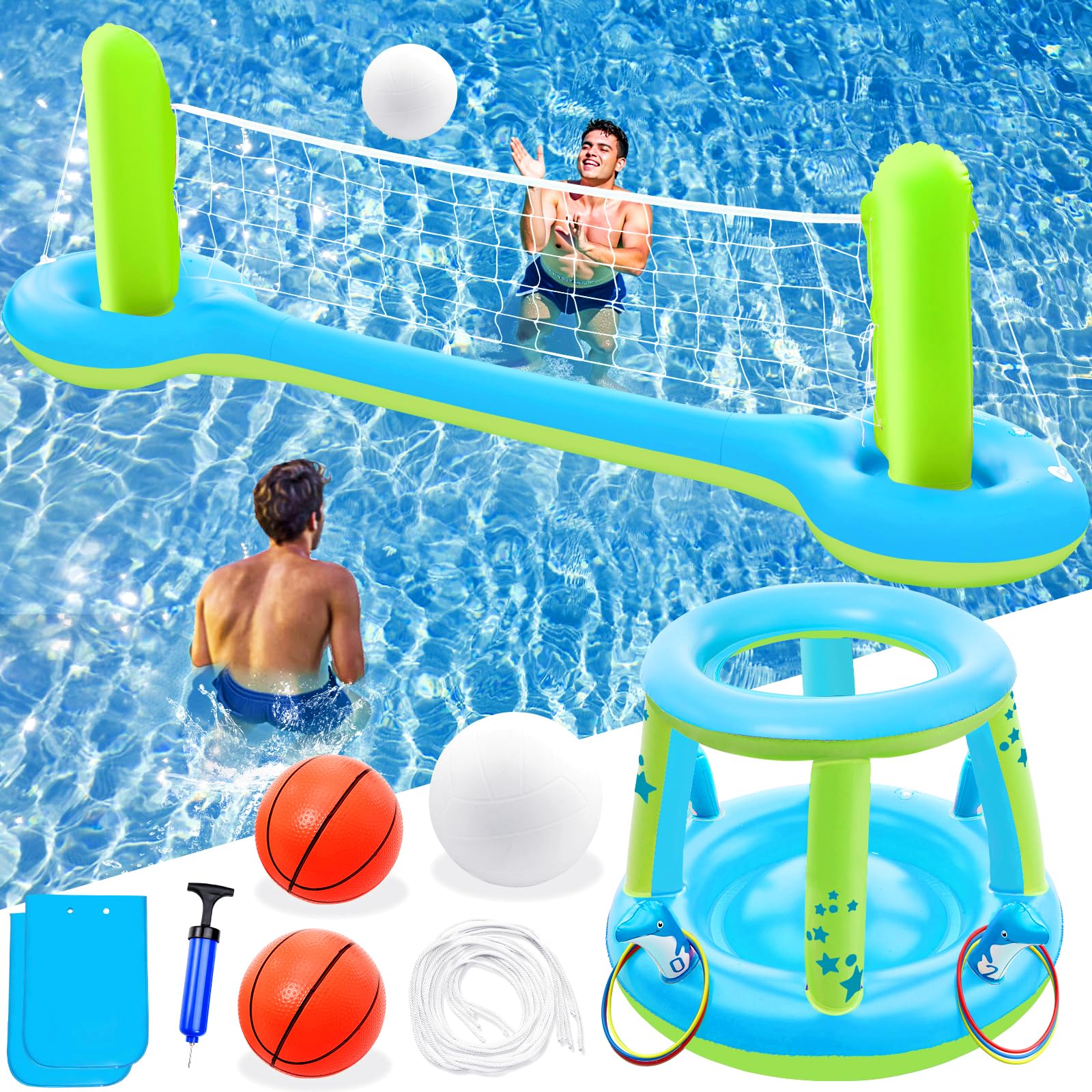 Jasonwell Pool Toys Games Set - 3 in 1 Pool Volleyball Net Basketball Hoop Ring Toss Game Inflatable Floats Water Floating Volleyball Swimming Pools Party Game Accessories Toy Gift Kids Teens Adults