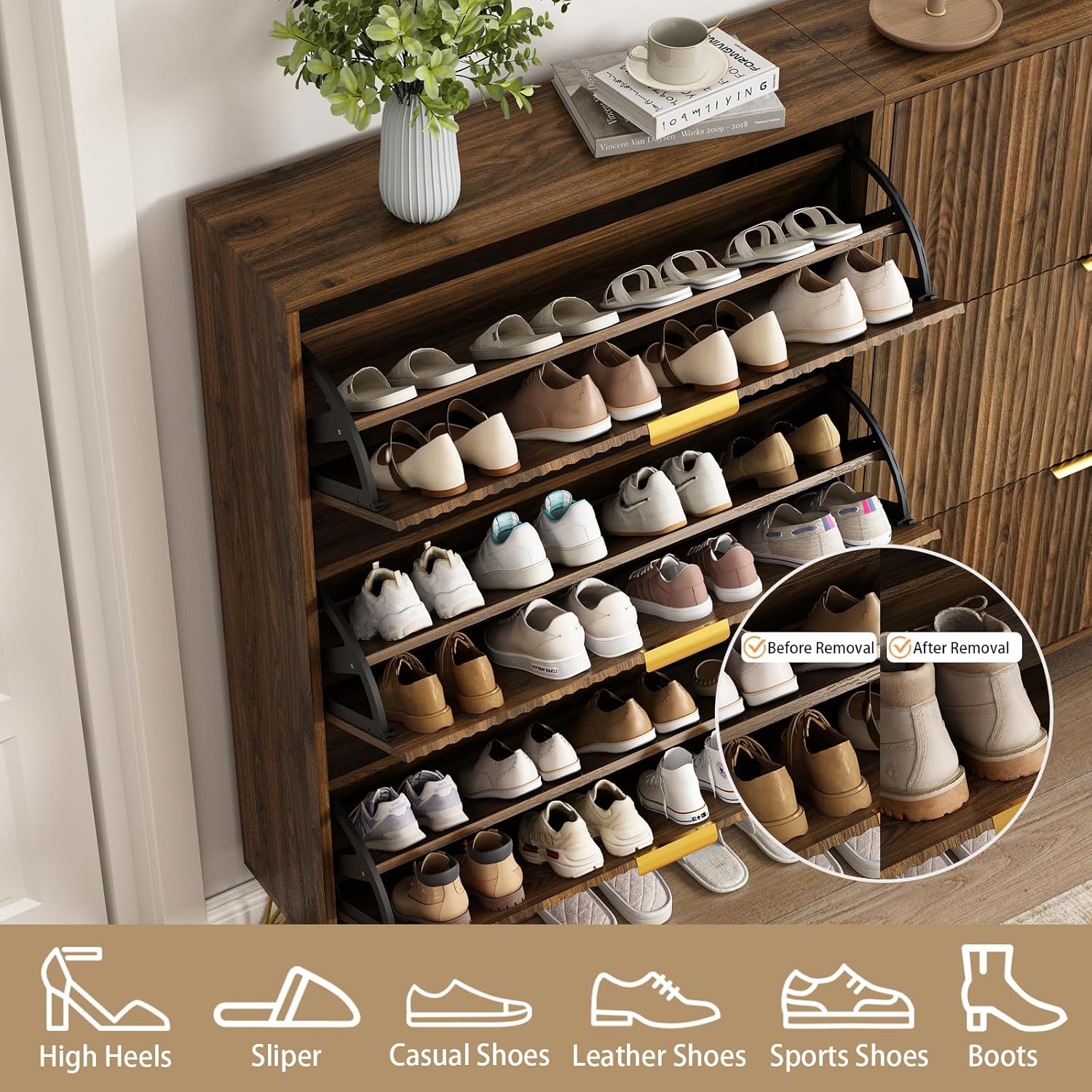 Shoe Cabinet with 3 Flip Drawer, Mid Century Shoe Cabinet Storage for Entryway Slim, Hidden Shoe Storage Cabinet, Freestanding Shoes Rack Organizer for Entryway, Walnut