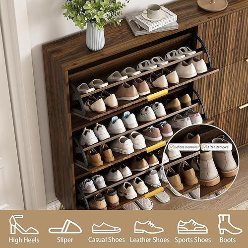 Vista 4 de Armario de zapatos con 3 cajones abatibles, armario de zapatos de mediados de siglo para entrada, gabinete de almacenamiento delgado y oculto