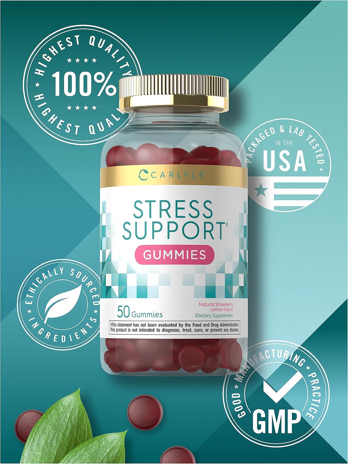 Carlyle Stress Support Gummies | 50 Count | with GABA and L-Theanine | Natural Strawberry Lemon Flavor | Non-GMO, Gluten Free Supplement