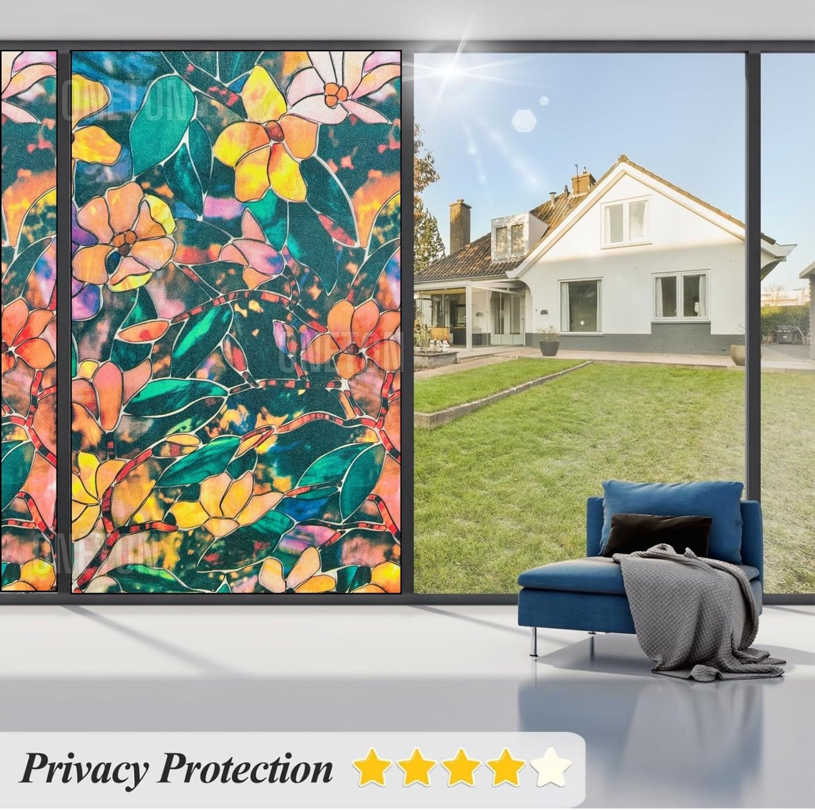 ONETON Frosted Glass Window Film Self Adheisve Decoartive Window Privacy Sheet Film UV Control Static Cling Removable Vinyl Frosted Privacy Film 12x36 Inch Color Flower 1