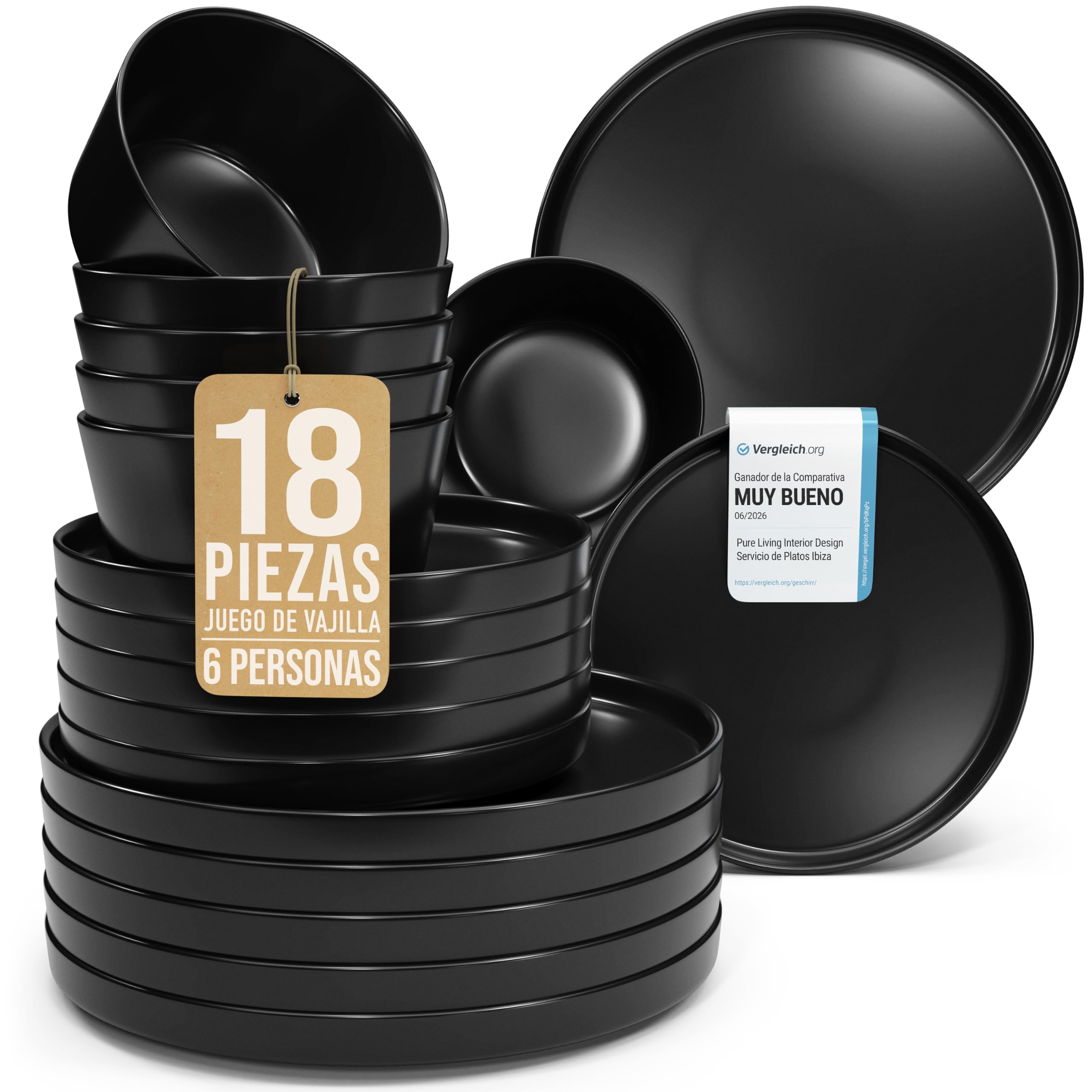 Vajillas Completas de Piedra Negra para 6 Personas -Estilo Urbano Moderno - Juego de Platos de 18 Piezas - Aptos para Lavavajillas y Microondas - Vajilla Negra Mate -Set de Platos Elegante y Funcional