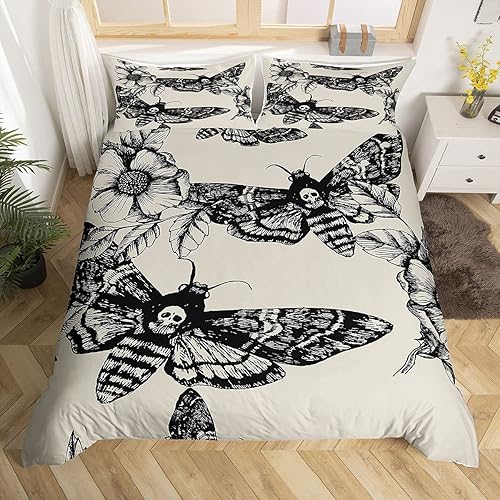 Miniatura 1 de Juego de funda de edredón de calavera, tamaño Queen, con estampado de polilla, estilo gótico, para adolescentes, niños, patrón de calavera de