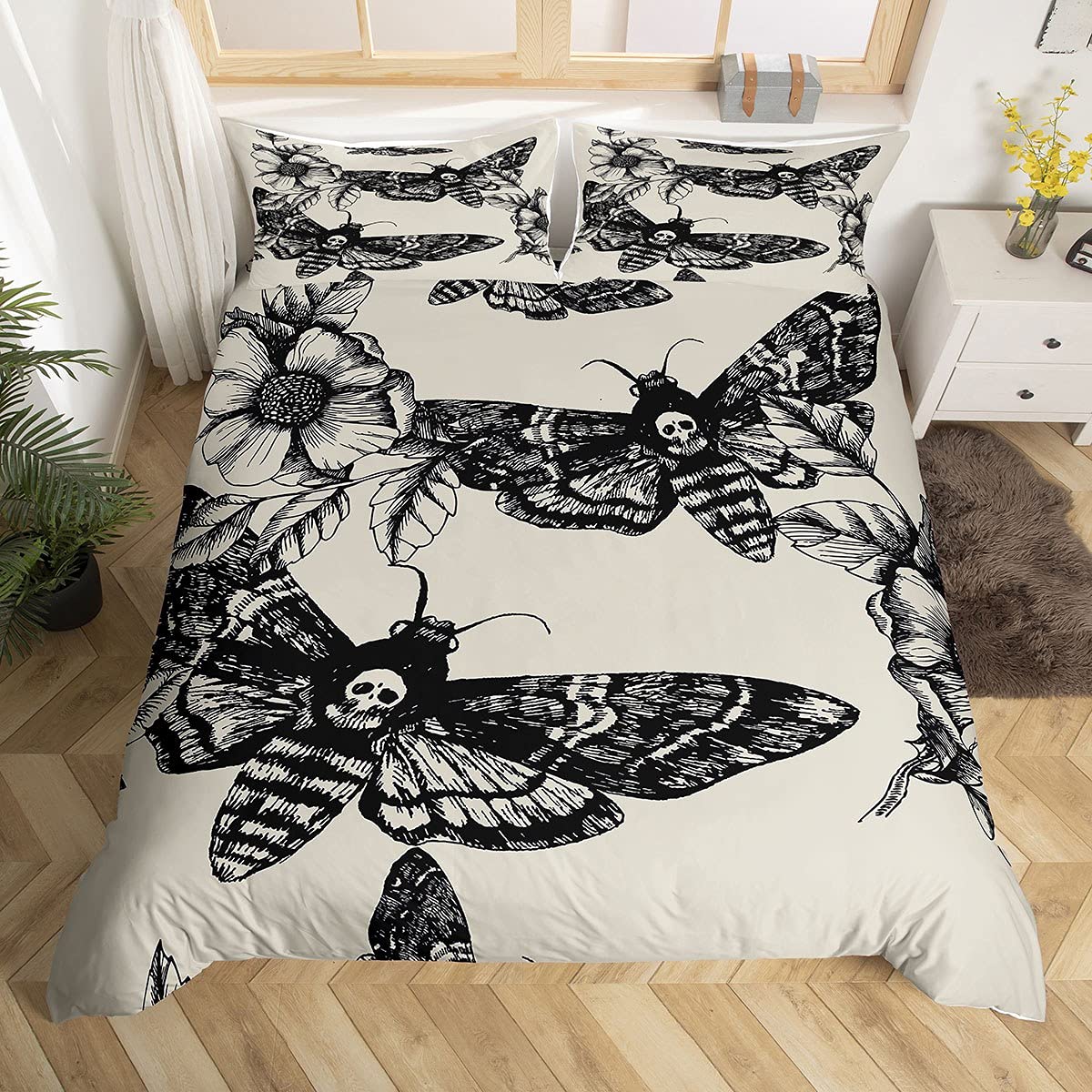 Skull Comforter Cover Set King Size Moth Printed Gothic Style Duvet Cover For Teen Boys Kids Sugar Skull Pattern Botanical Floral Decor Gray White Black Soft Microfiber Bedding Set With Zipper Ties