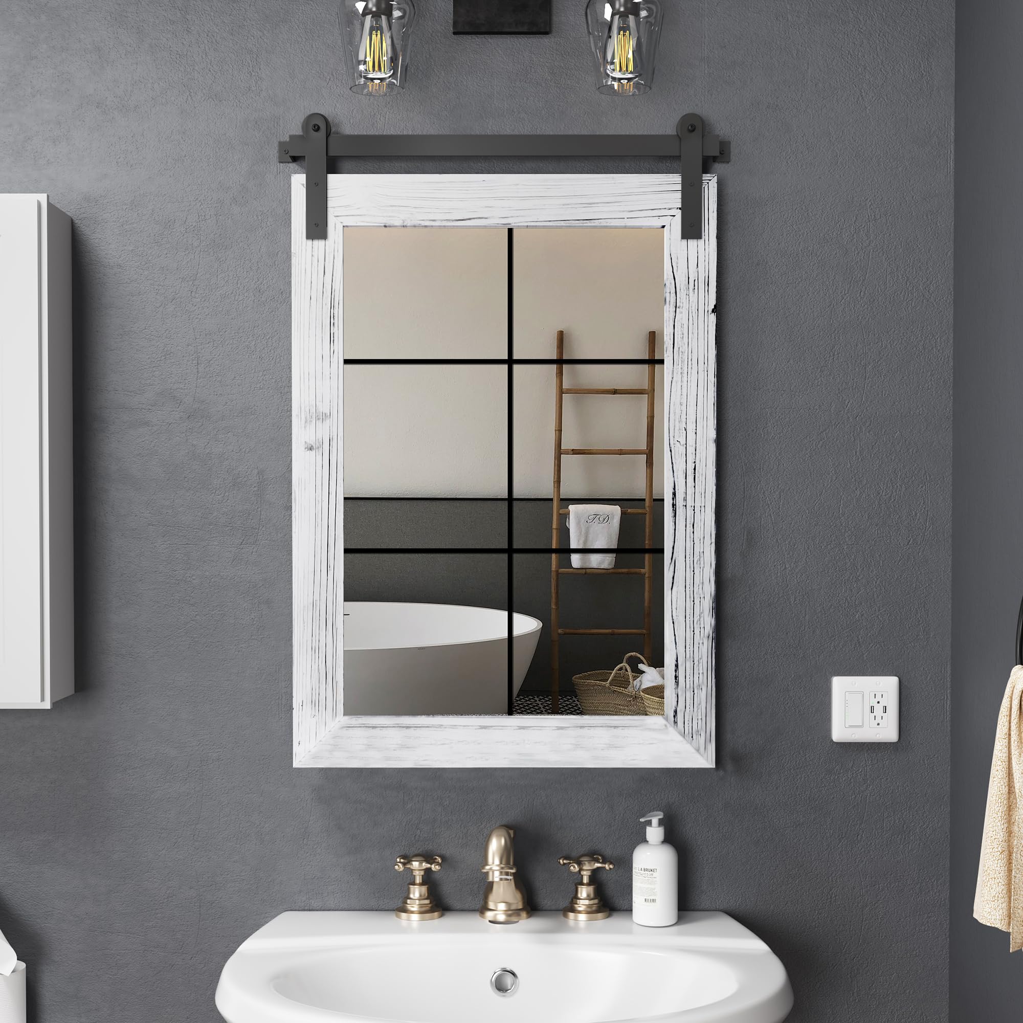 Farmhouse Metal Window Mirror - 25" x 38" Rustic Wood Barn Door Mirror Wall Decor for Dining Room, Entryway, Living Room, Bedroom Decorative, White