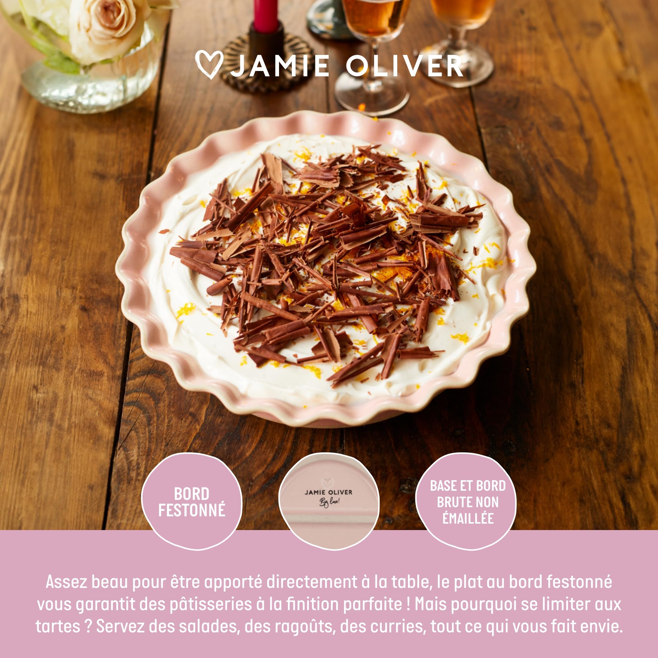 Jamie Oliver Big Love Plat à Tarte, Rose, Rond, Grès Moucheté avec Bords Ondulés, pour Four et Table, Compatible Lave-vaisselle et Micro-ondes, 28x6 cm
