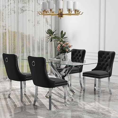 Miniatura 95 de Juego de comedor de cristal de lujo plateado de 5 piezas, juego de mesa de cocina minimalista moderno para 4 personas, juego de comedor con negro +