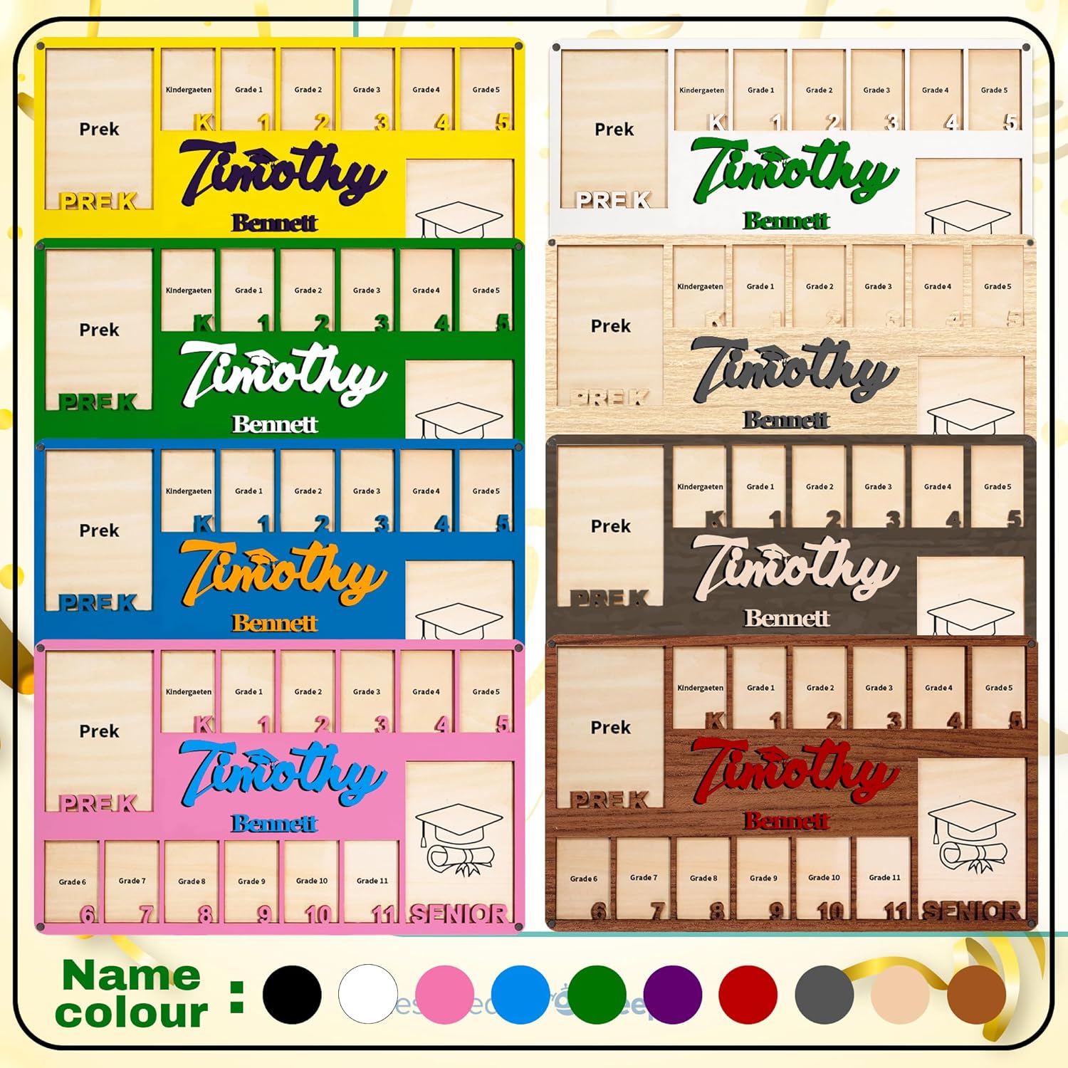 Easycosy School Picture Frame Pre-k to 12, Custom Name School Years Wooden Picture Frame K-12, Kindergarten through 12th Personalized Graduation Photo Display Gift Wall Decor, 14 Photos, Mortarboard