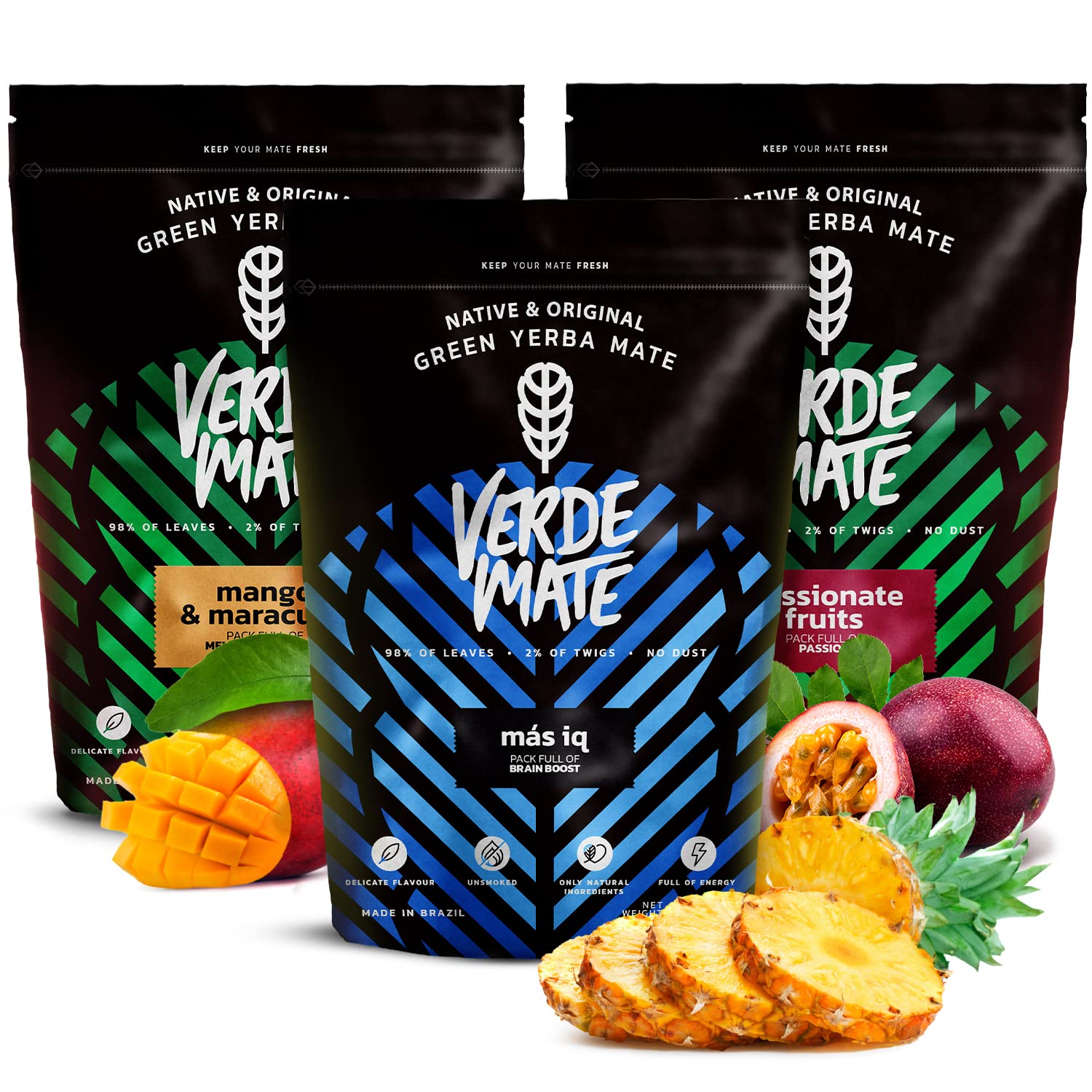 Fruity yerba mate set | Yerba mate with fruits | Verde Mate Green Mango & Maracuya, Passionate Fruits, Mas IQ | Brazilian yerba mate green | 3x500g