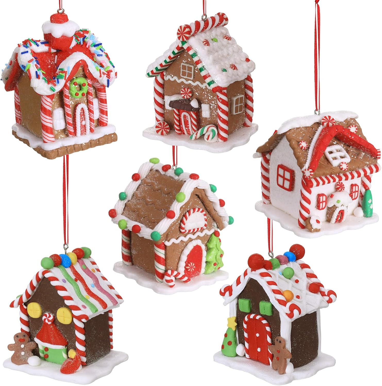 Funtery 6 Pcs Gingerbread House Ornaments for Christmas Tree Gingerbread Christmas Decor with Rope Xmas Hanging Ornaments for Tree Holiday Party New Year Home Decorations (Charming Style)