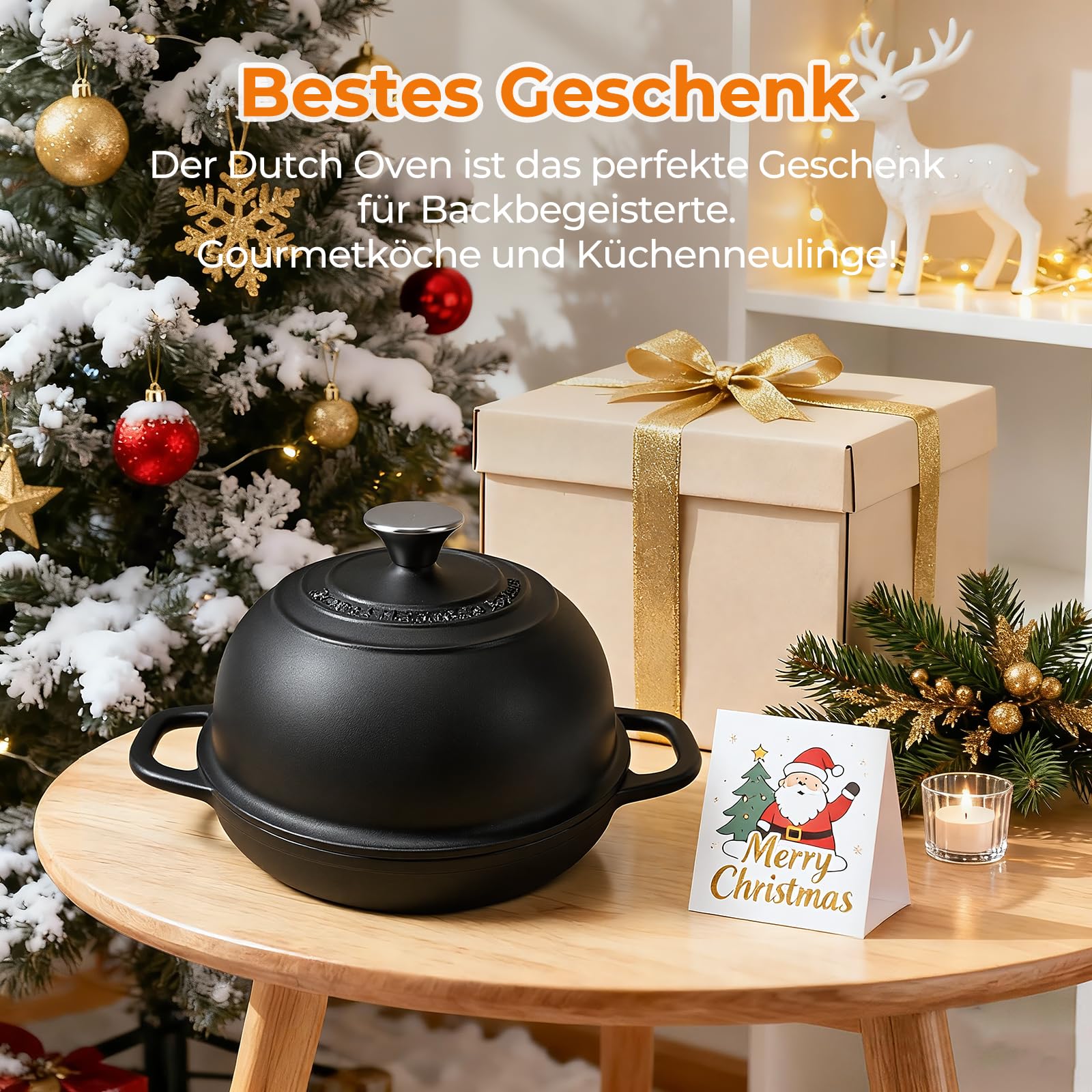 AHJ Eingebranntes Gusseisen Topf Brotbacken,4,7L/24 cm Dutch Oven | Brotbacktopf mit Deckel & Silikonmatte,Bräter Schmortopf für Sauerteig Brot,Backen Schmoren & Braten,Geschenk für Brotbäcker
