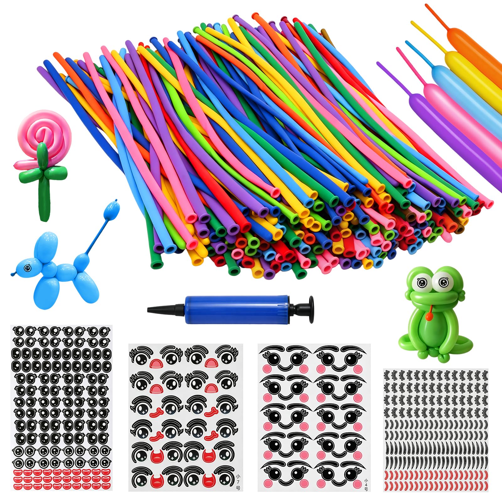 200 Pcs Modelling Long Balloons with Pump, Magic Latex Balloon Mixed Coloured, Balloon Animal Making Kit with Eye Stickers for Party Birthday Wedding