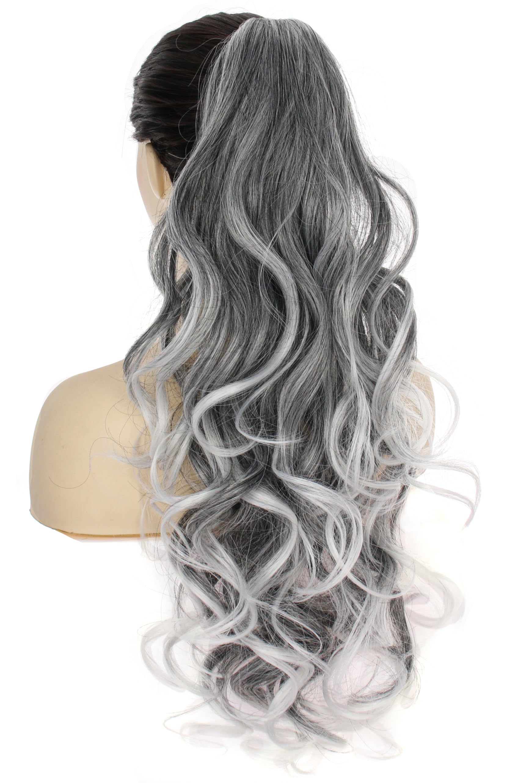 PORSMEER Ponytail Hair Extension Claw Clip in Ponytail Extensions Long Curly Wavy Ponytail Hair Extension Jaw Clip on Pony Tails Hairpiece for Women 26 inches (Grey with White Hightlights) - Image 2