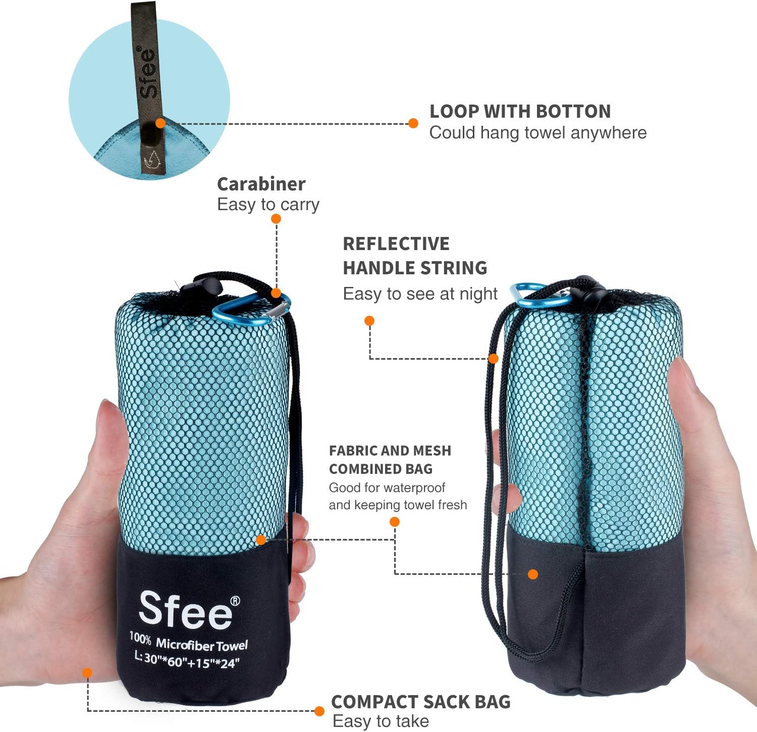 Sfee 2 Pack Camping Towel, Quick Dry Towel Super Absorbent Travel Microfiber Towels, Fast Drying Compact Soft Lightweight Sports Towel Set for Beach, Hiking, Travel, Gym, Backpacking, Pool +Carabiner : Sports & Outdoors