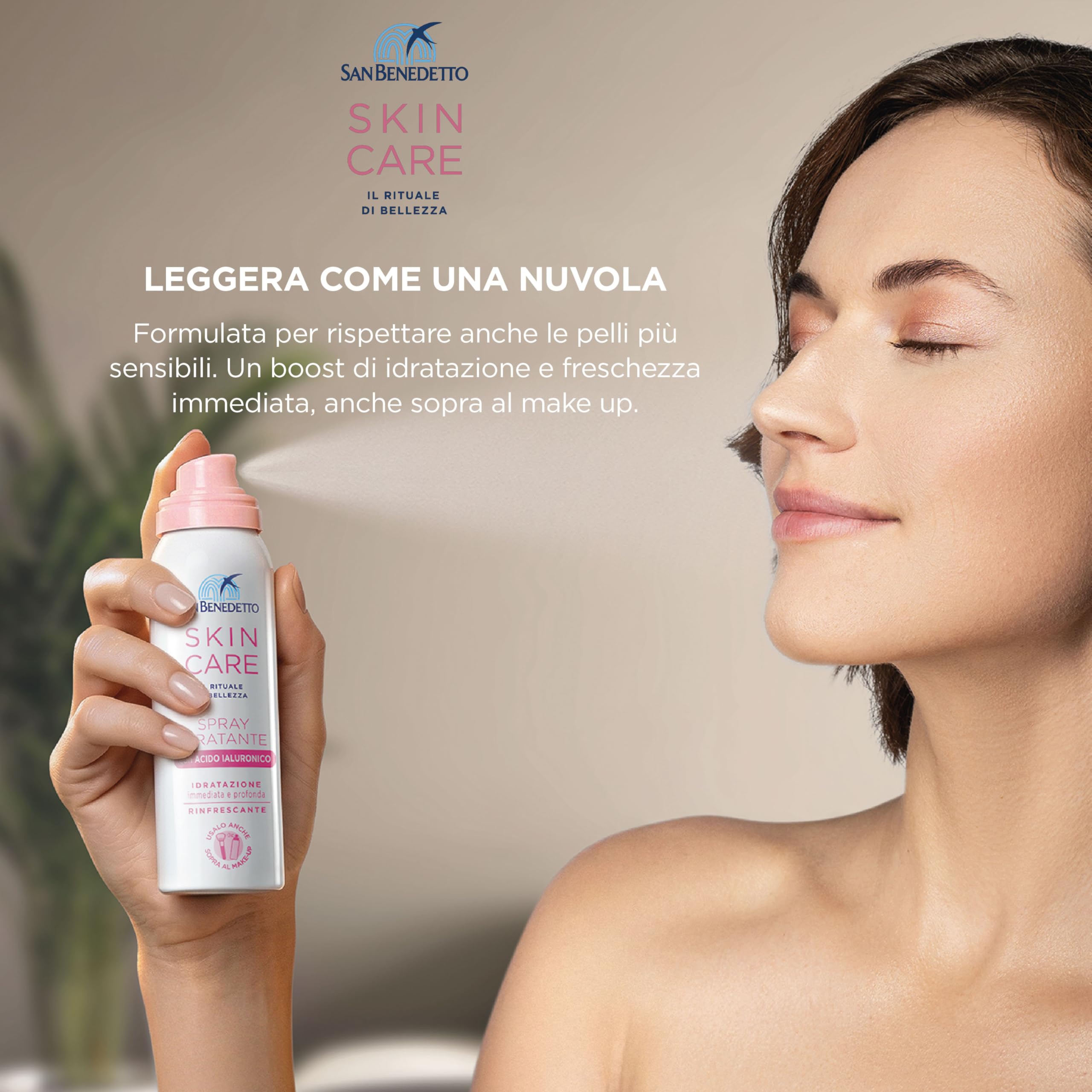 San Benedetto SKIN CARE MIST, Spray Idratante Viso con Acido Ialuronico 50ml, Effetto Nuvola Ideale Sopra il Make-up e in Viaggio, 97% Ingredienti Origine Naturale, Testato per Pelli Sensibili