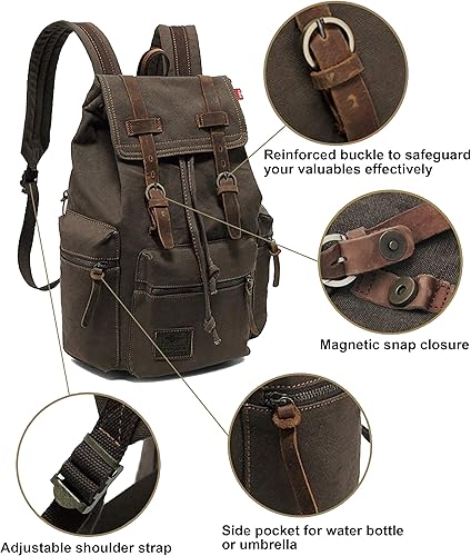 Miniatura 3 de HuaChen Mochila de viaje de lona vintage con ribete de cuero, funda acolchada para laptop, bolsillo de seguridad trasero oculto, se adapta a 14