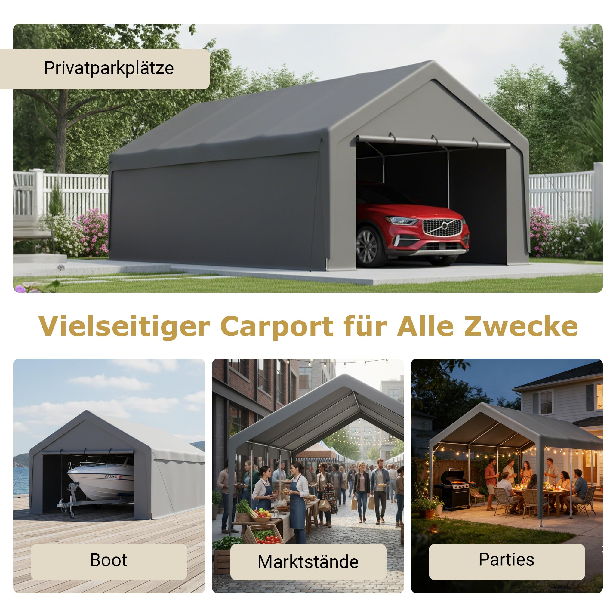 Carport pour charges lourdes, imperméable, galvanisé, 396 x 762 cm, 8 pieds