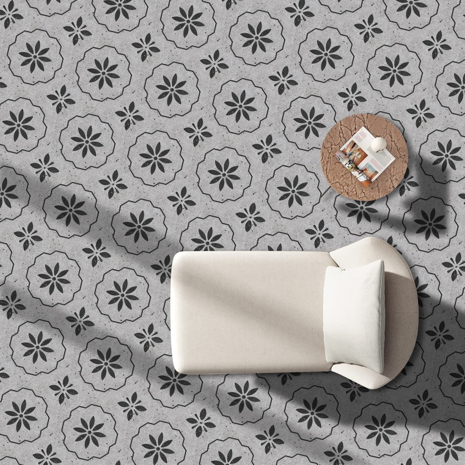 Alwayspon Vinyl Floor Tiles Sticker, Waterproof Non-slip Splashback Thicken PVC Vinyl Flooring Tiles, Self-adhesive Peel and Stick, 12inchx12inch/30x30cm, Black and White Cement Flowers