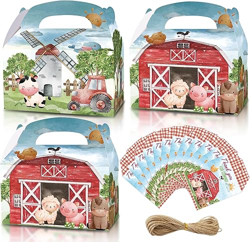 Cajas de fiesta de granja, 12 cajas de regalo temáticas de granja con tarjetas de agradecimiento para cumpleaños, suministros de fiesta temática de