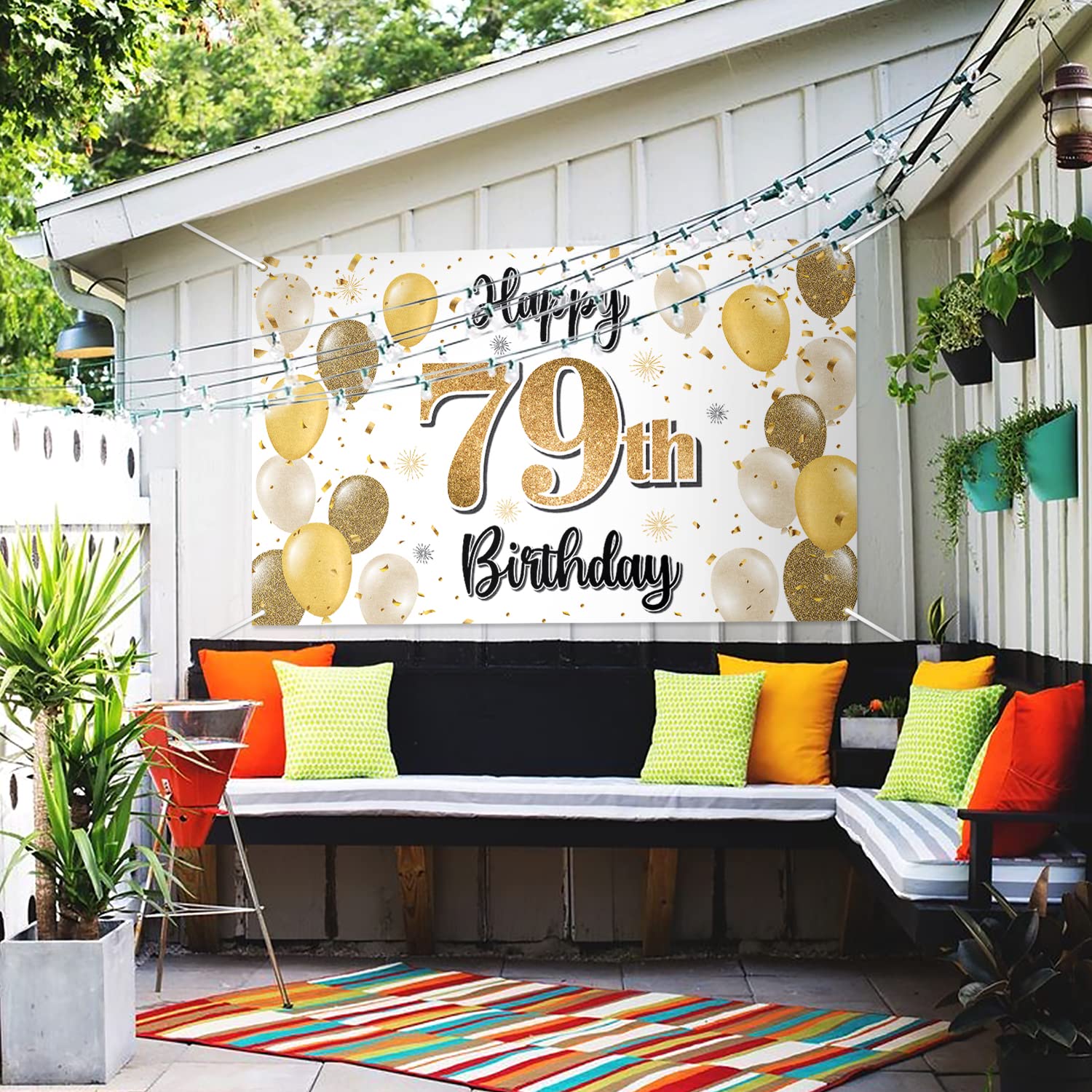 Happy 79th Birthday Backdrop Banner - Large Gold Balloon Sign, 78x47 Inch, Party Decorations