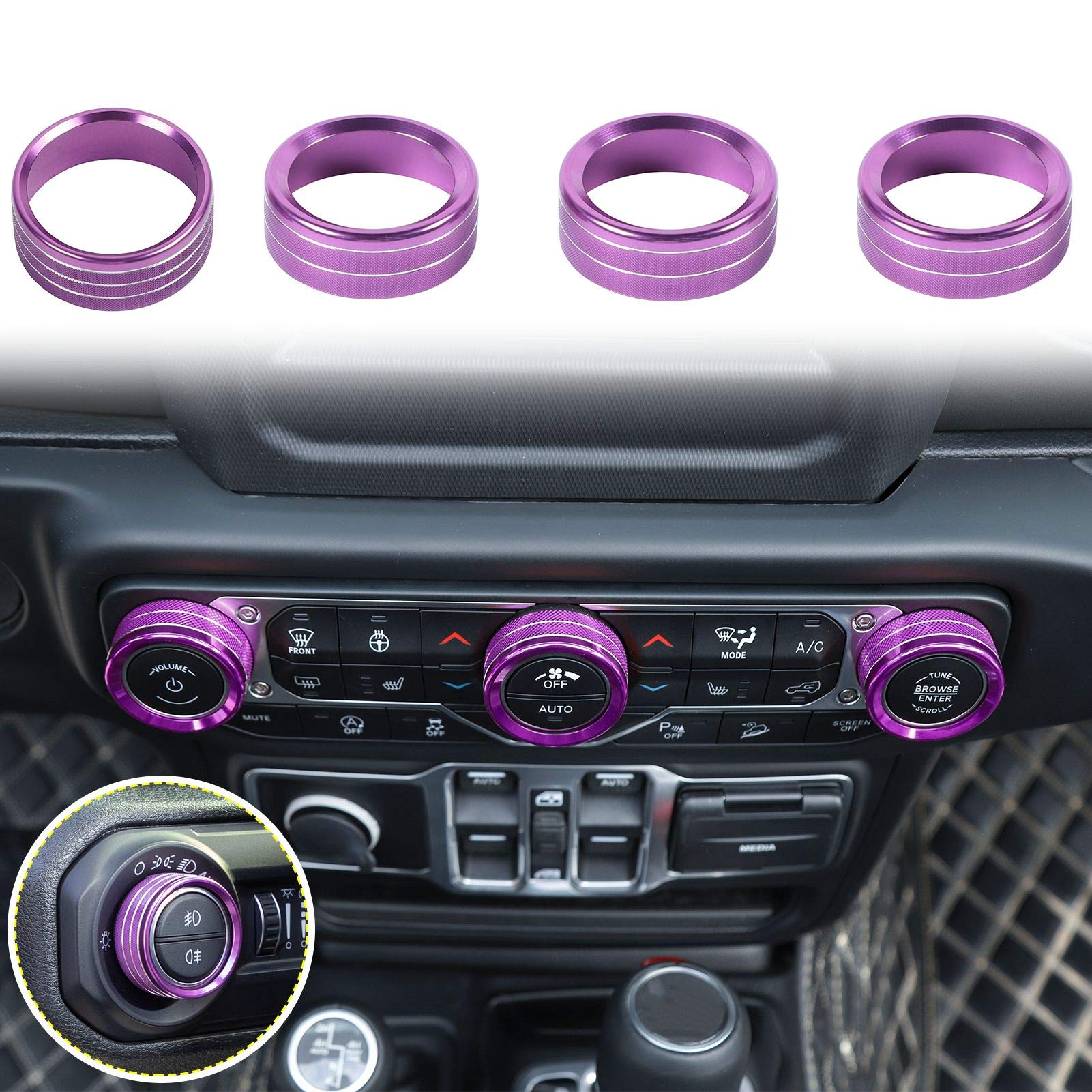 VoodonalaAir Conditioner Headlight Center Consoles Switch Knob Cover Trim for 2018-2025+ Jeep Wrangler JL JLU Gladiator JT 4xe Interior Accessories, Purple Aluminum Alloy 4pcs