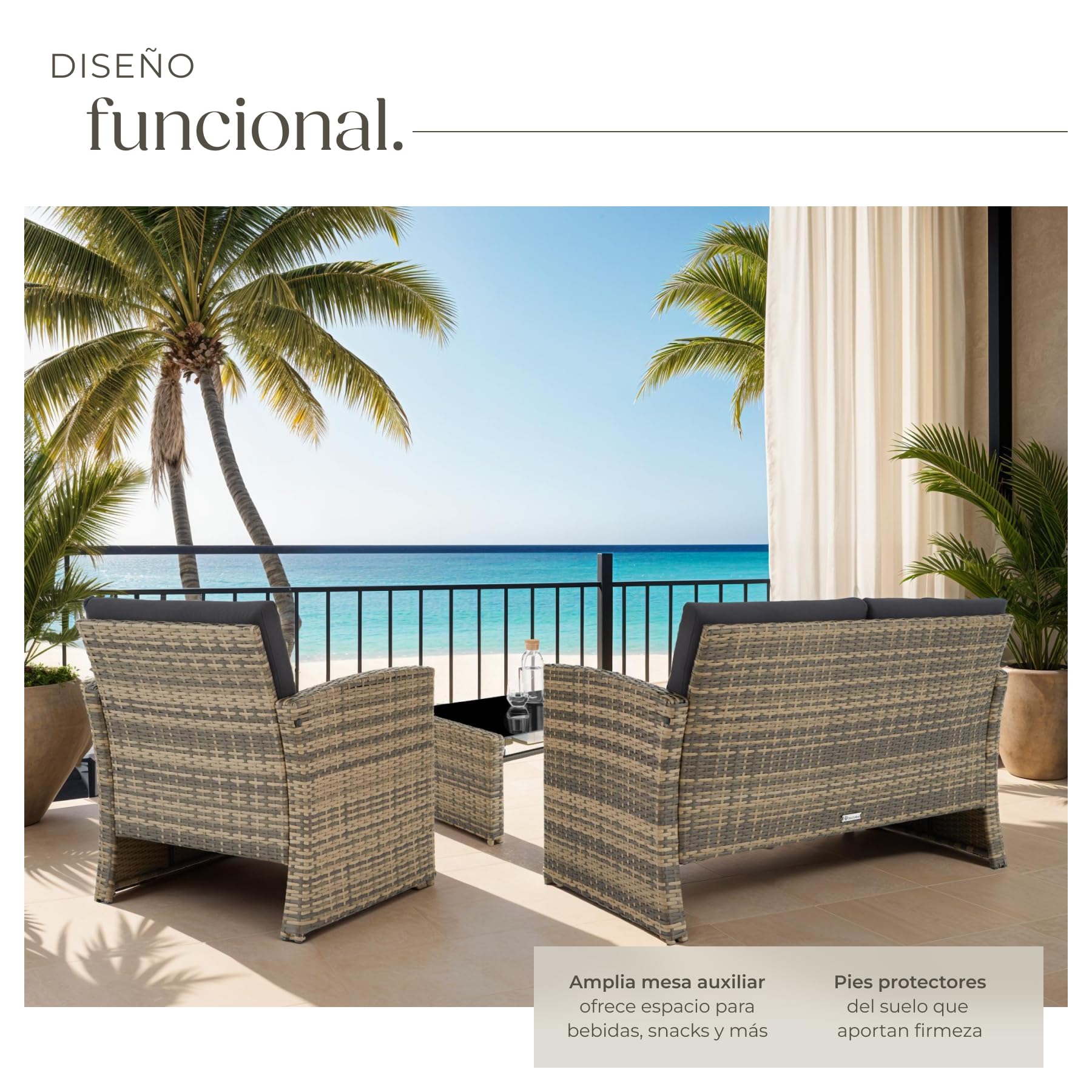 tectake® Conjunto Jardín de Ratán y Acero, Muebles Jardín Exterior, 2 Sillones 1 Sofá 1 Mesa con Cristal, Conjunto Terraza Resistente a Intemperie, con Cojines, Fundas Extraíbles - natural/gris oscuro