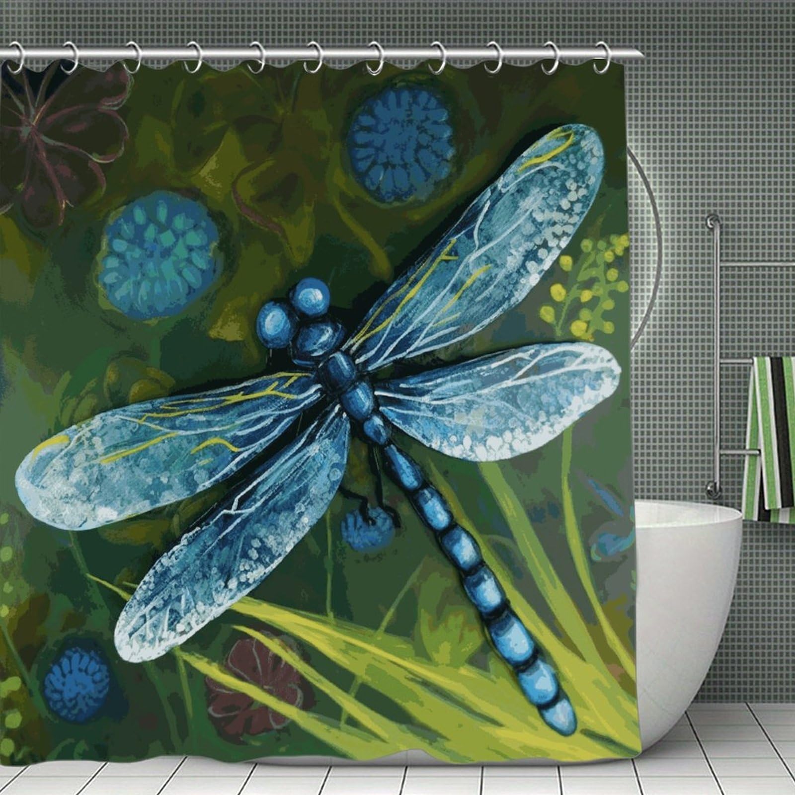 JTREHY Hand Painted Blue Dragonfly Shower Curtain Waterproof Bathroom Shower Curtain Machine Washable Bath Curtains Polyester Cloth Bath Curtains for Bathroom Showers 70.8×70.8Inch