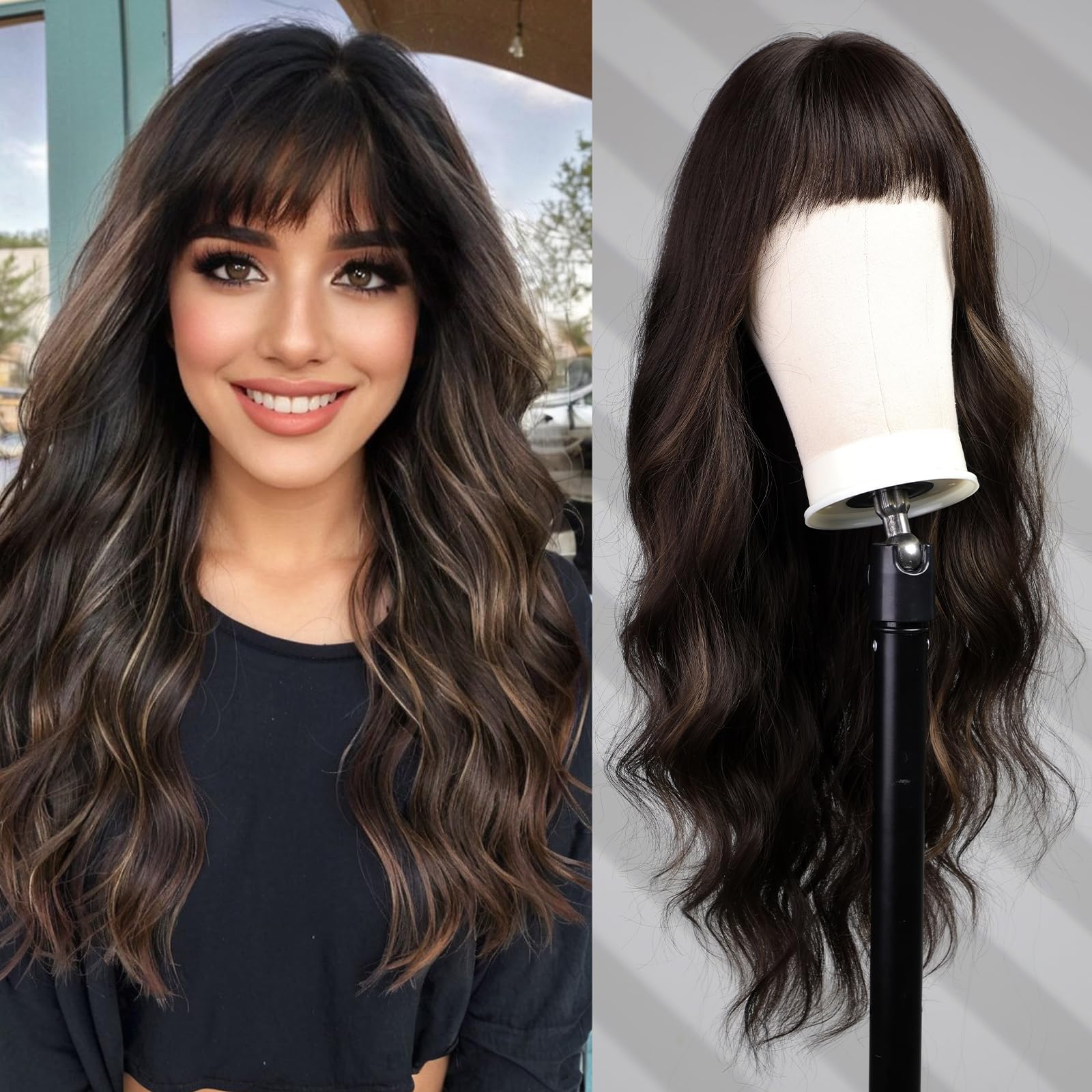 WOKESTAR Long Dark Brown with Highlights Wigs for Women Synthetic Hair Wavy Wig with Fringe, average size