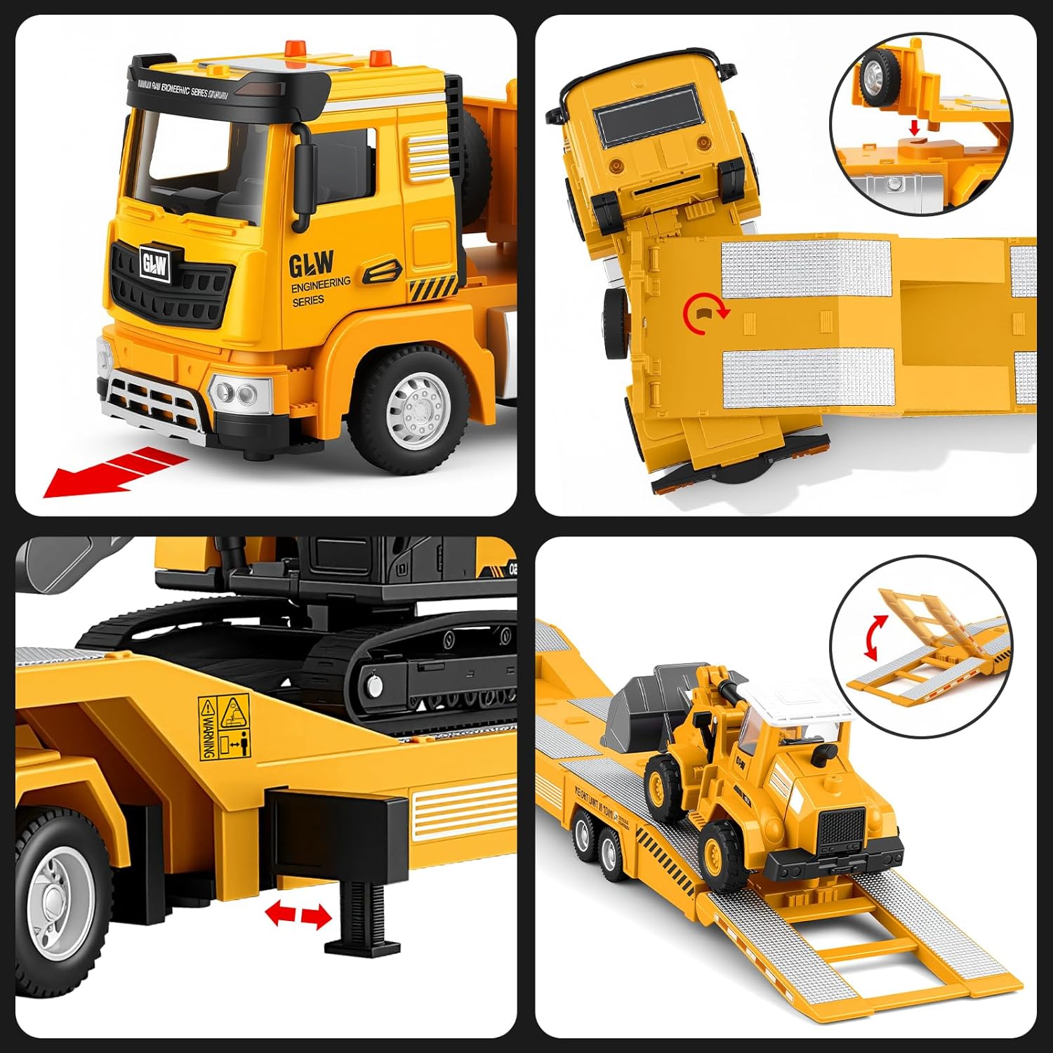 Lowboy Trailer with Excavator & Wheel Loader: 1:40 Alloy Construction Set - Inertia, Lights & Sounds, Movable Parts - Includes Batteries (Ages 3+)